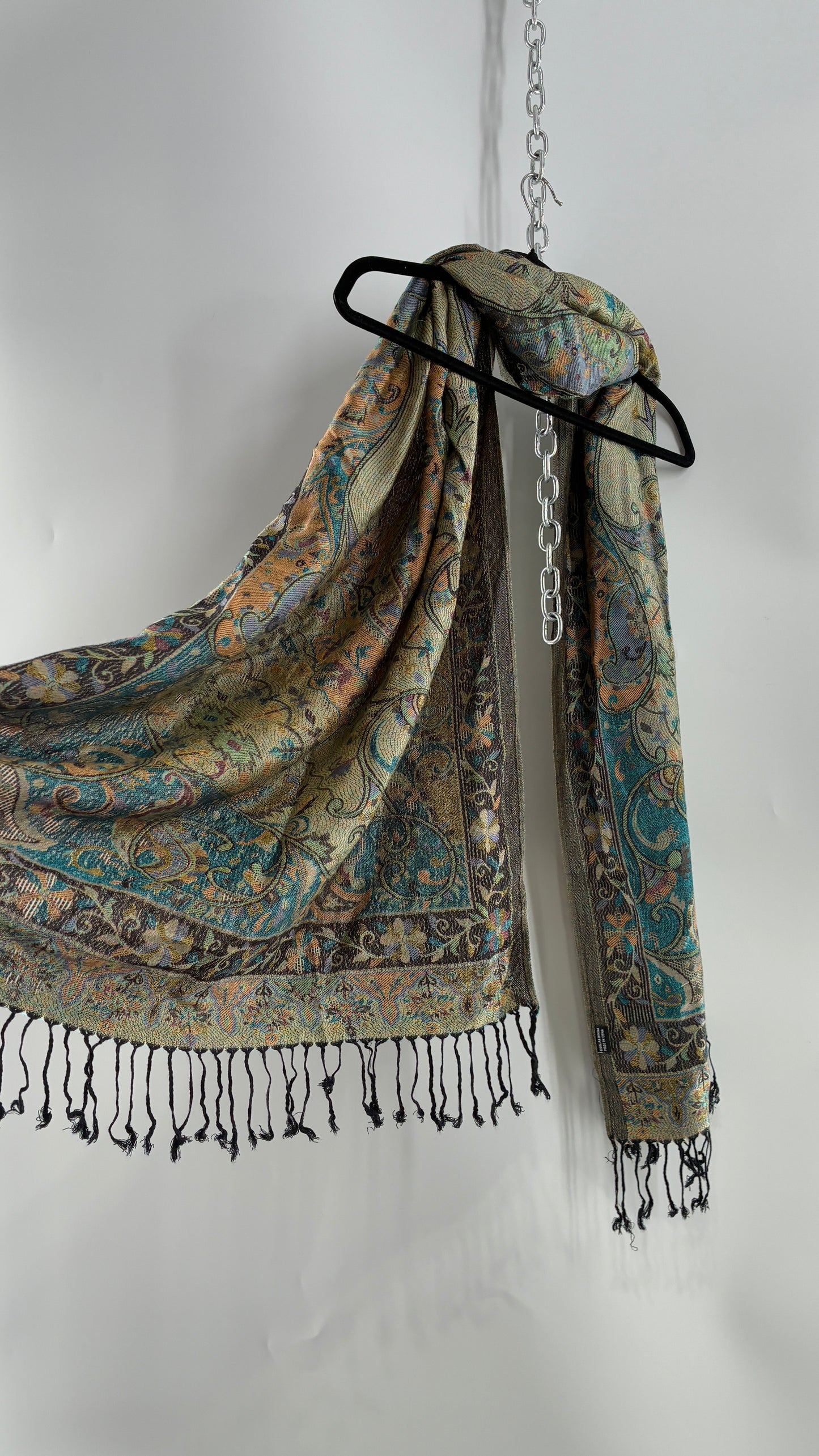 Vintage Pashmina Green Paisley Fringe Scarf