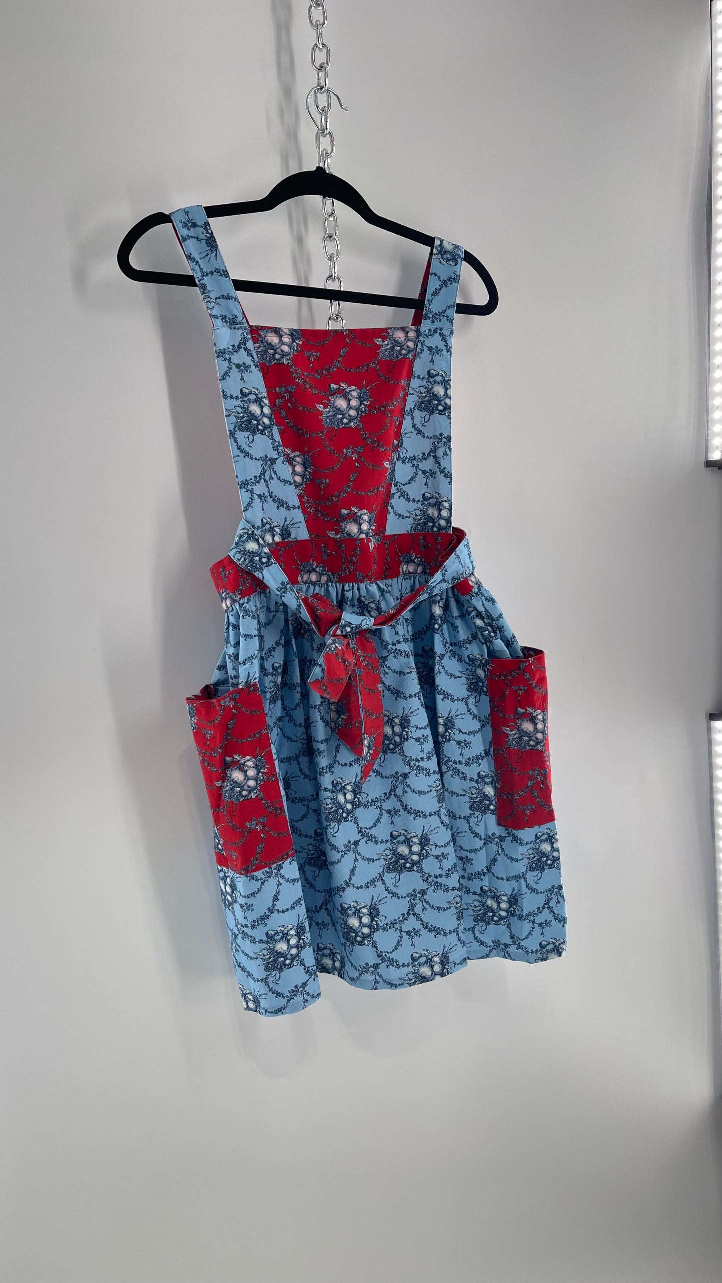 Vintage Apron Red and Baby Blue Floral/Citrus Patterned Mini Dress with Tie Around Bow (S\M)