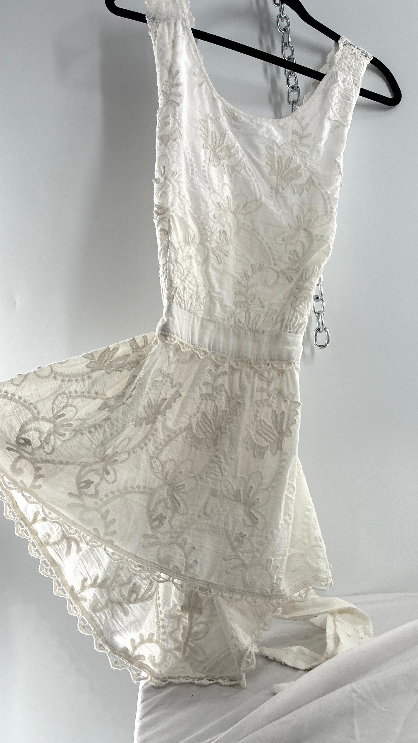 Forever That Girl Anthropologie White Apron Style Blouse with Low Open Back, Tie Detail, and Tags Attached (6)