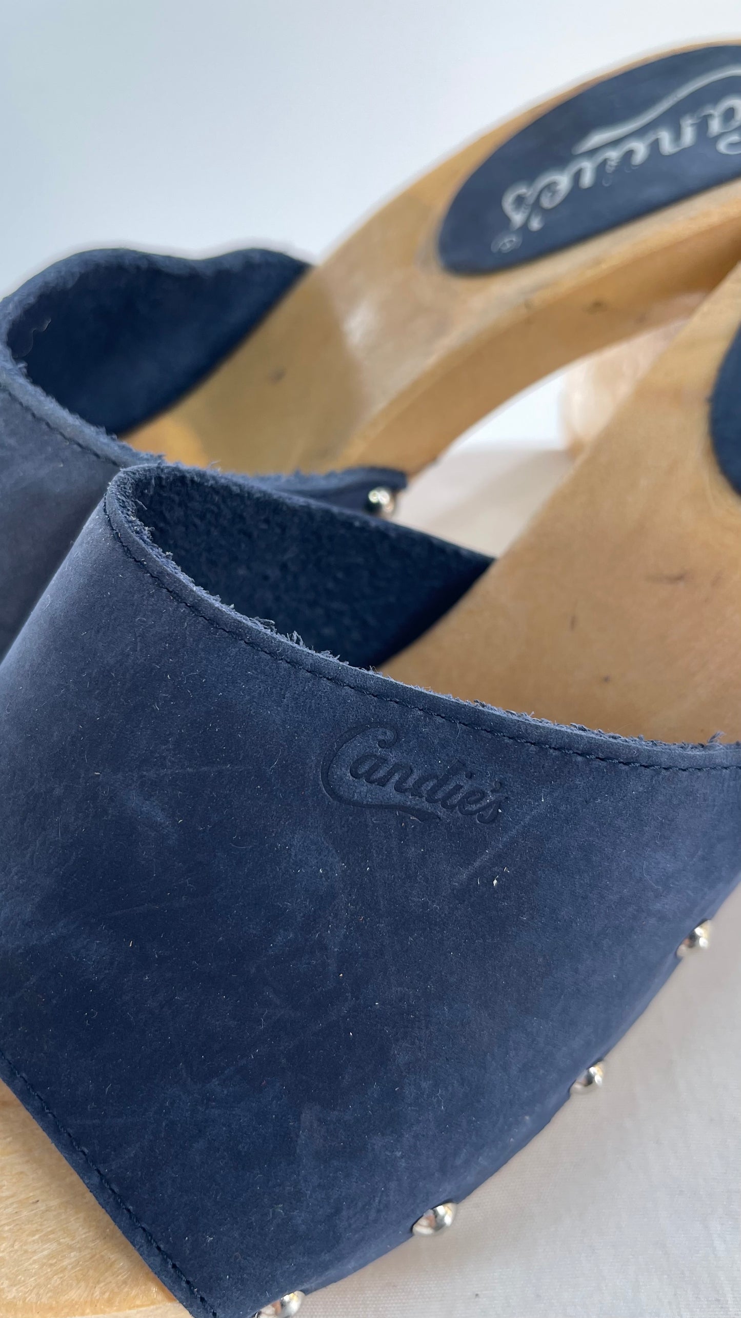 Vintage Candies 1980s Navy Blue HOT Side Studded High Heel Slides (8)
