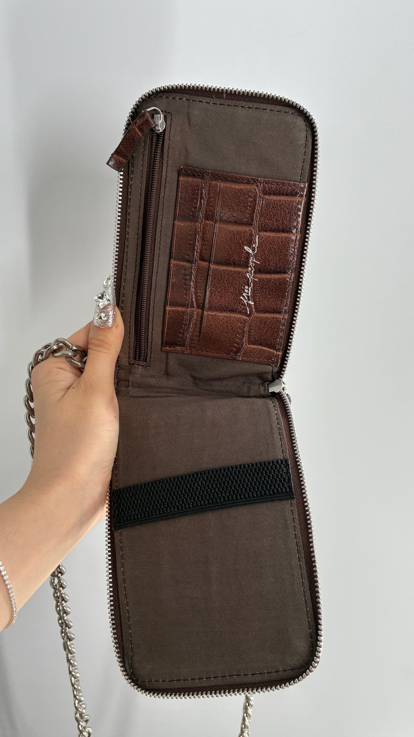 Free People Brown Crocodile Embossed Leather Phone Case Purse