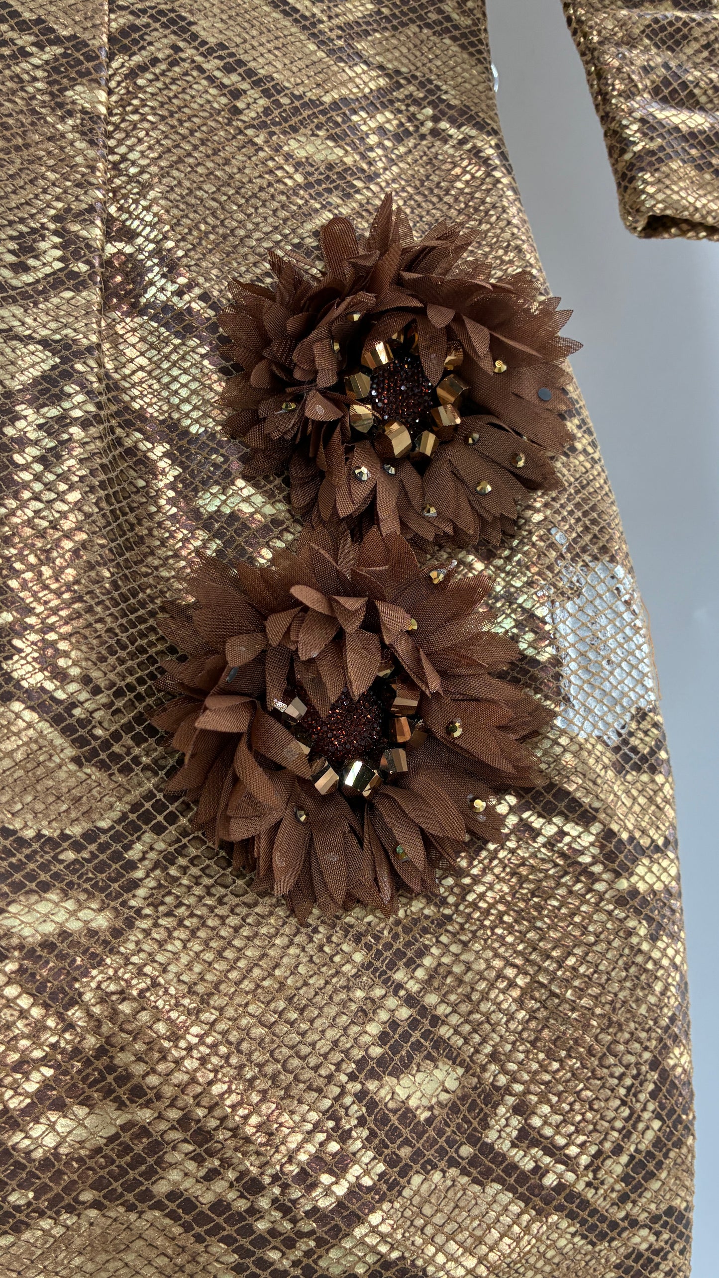 Vintage 1980s Handmade Genuine Leather Snakeskin Bronze Midi Dress with Floral Appliqués (Medium, See Measurements)