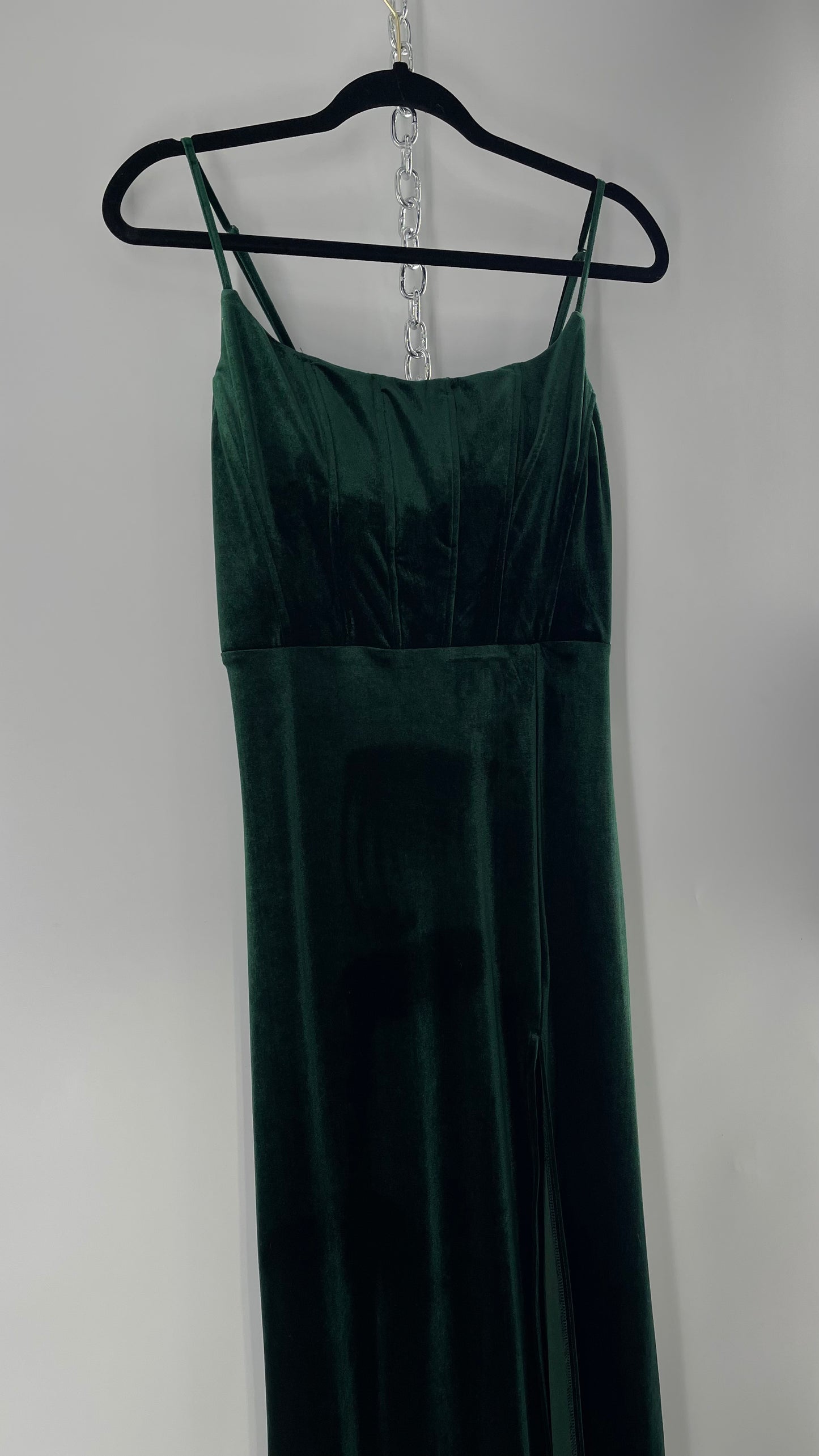 Windsor Forest Green Velvet Maxi Dress with Corseted Bust and Side Slit (11/12)