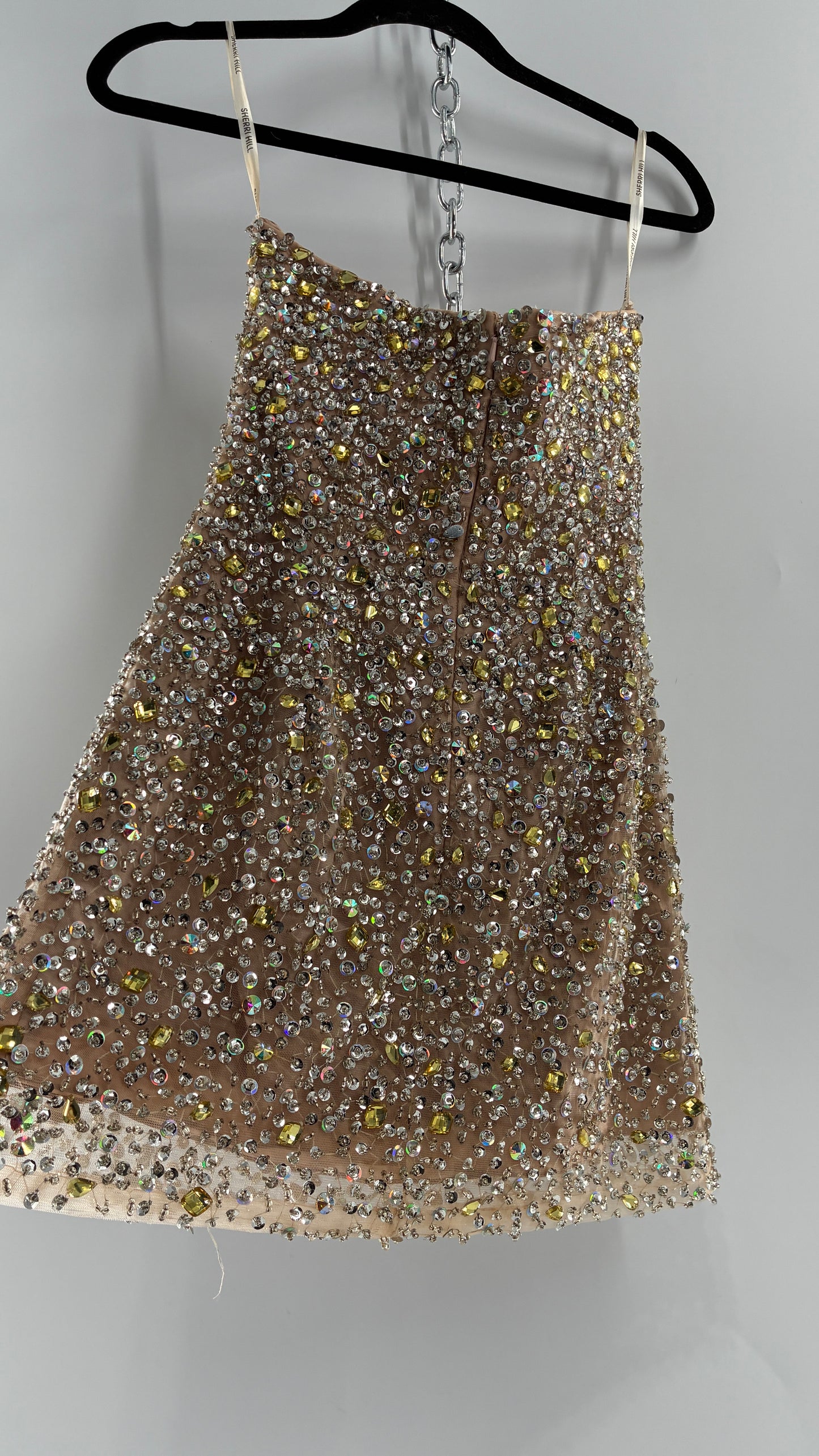 Vintage SHERRI HILL Nude Tan Underlay Mini Dress, Full Bedazzled and Covered in Beads  (6)