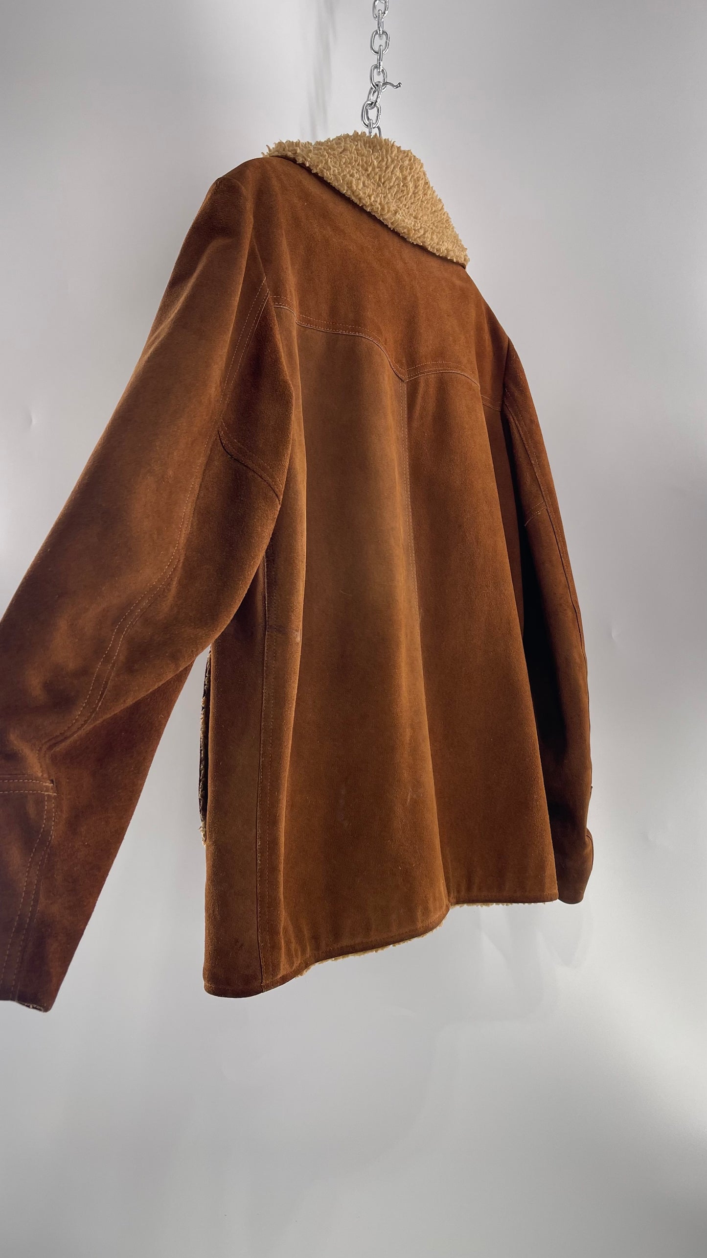 Vintage Heavy Duty Genuine Suede Leather Coat with Teddy Sherpa Lining (C) (Large/42)