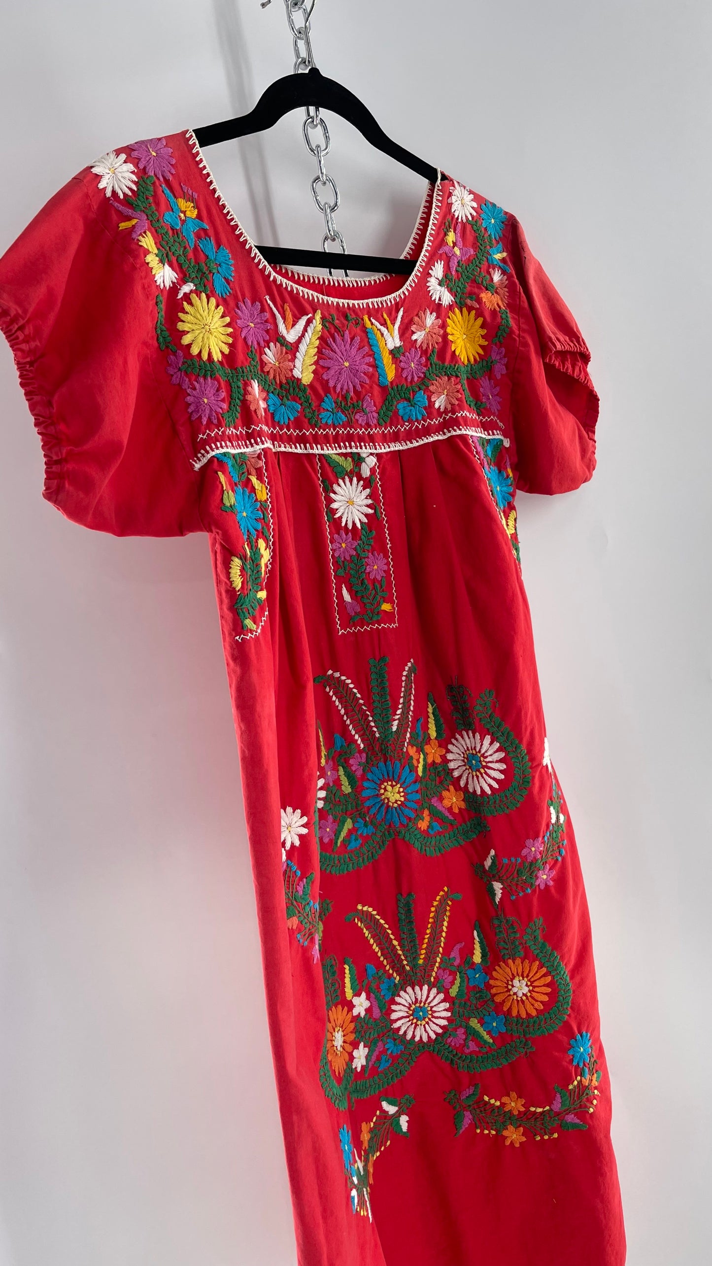 Vintage 1970s Red Cotton Dress with Hand Embroidered Florals Imported from Mexico (Small)