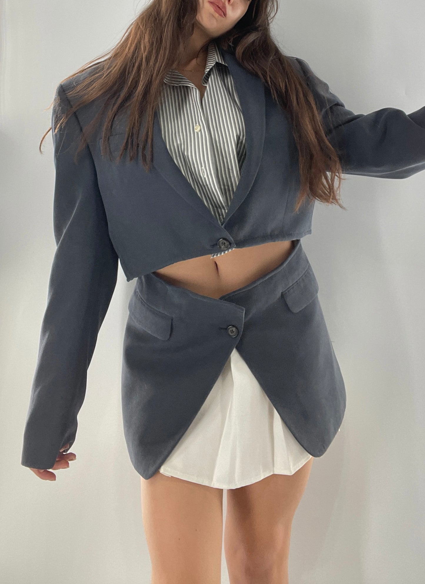 CUSTOM Handmade 2pc Suit Set Gray/Blue with Open Corset Back Skirt and Cropped Jacket (One Size)