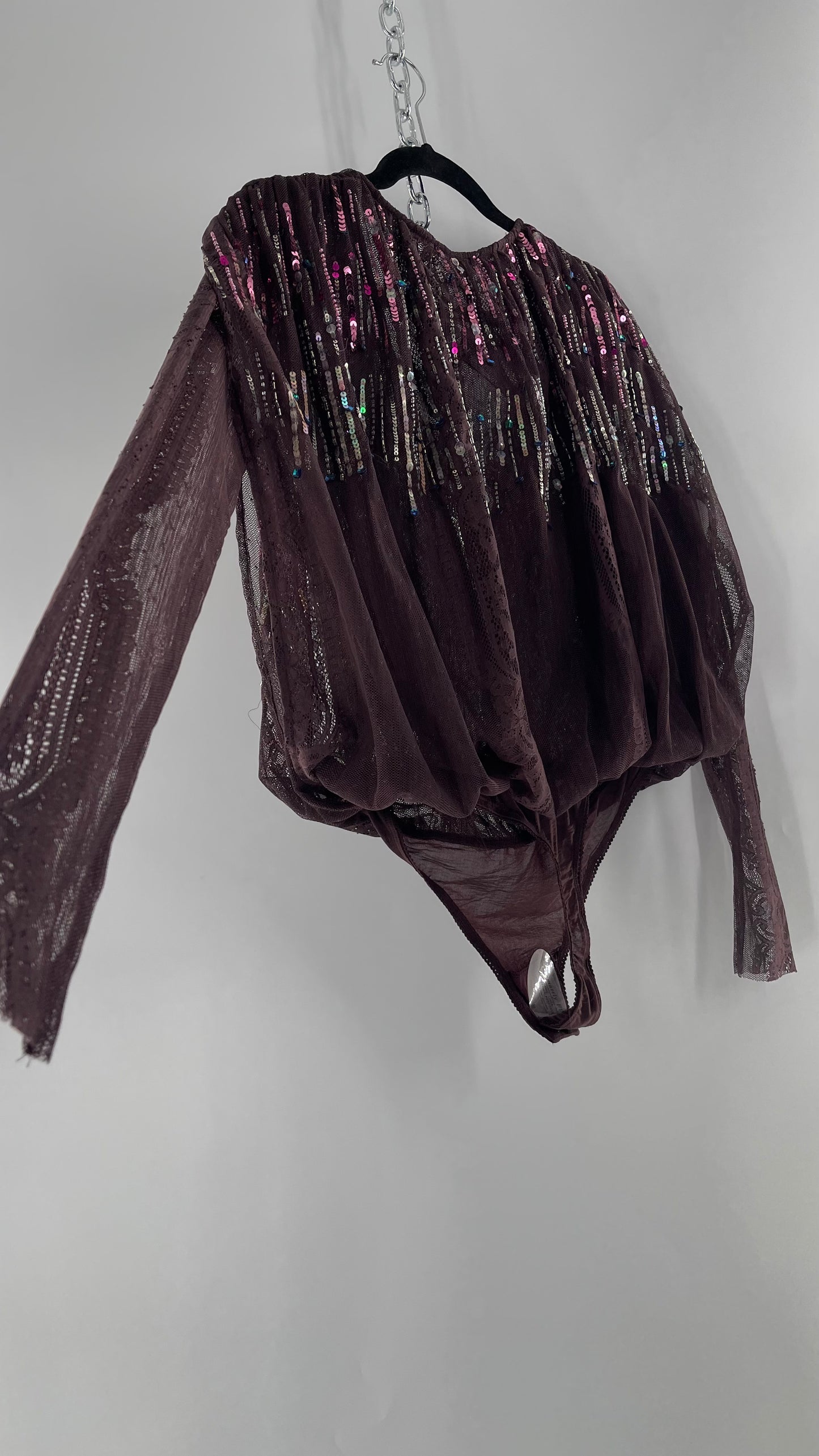 Intimately Free People Plum Mesh Bodysuit with Lace Sleeves and Beaded/Sequined/Embellished Body (Medium)