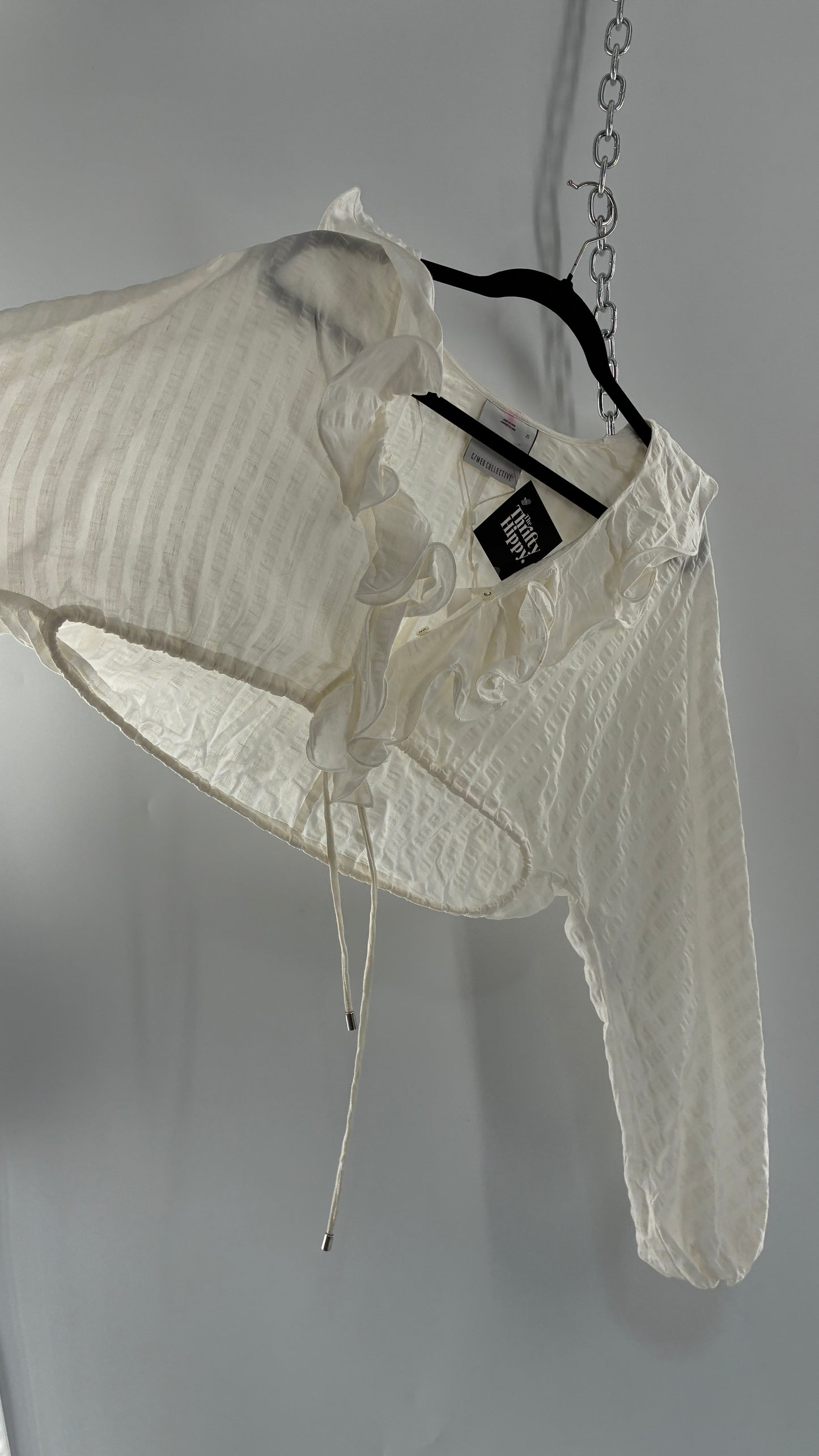 CMEO Collective White Balloon Sleeve Blouse with Ruffled, Button Up Neckline and Adjustable Drawstring Waist (XS 0-2)