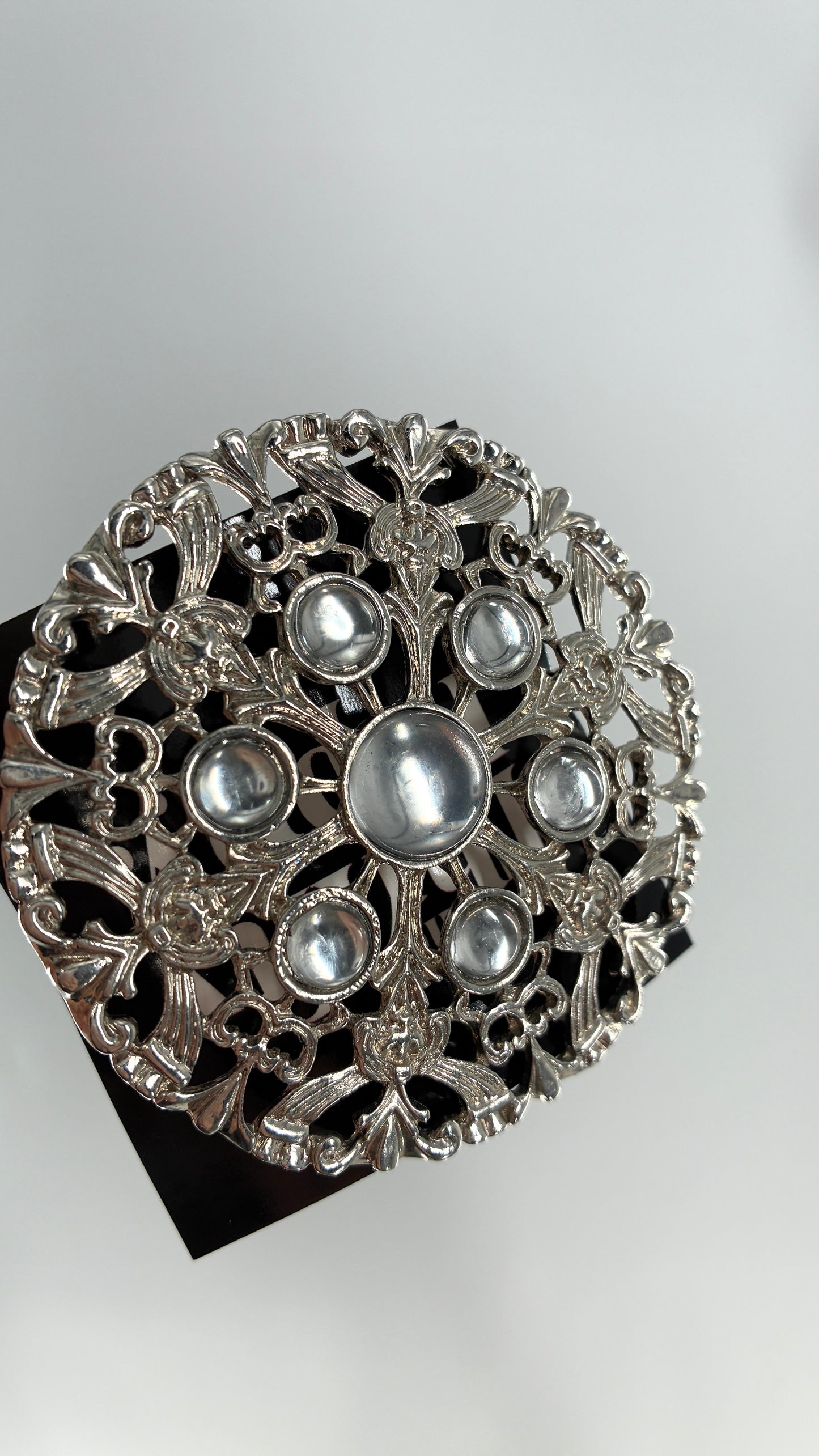 Vintage Oversized Heavy Metal Silver Brooch Pin with Transparent Gemstones