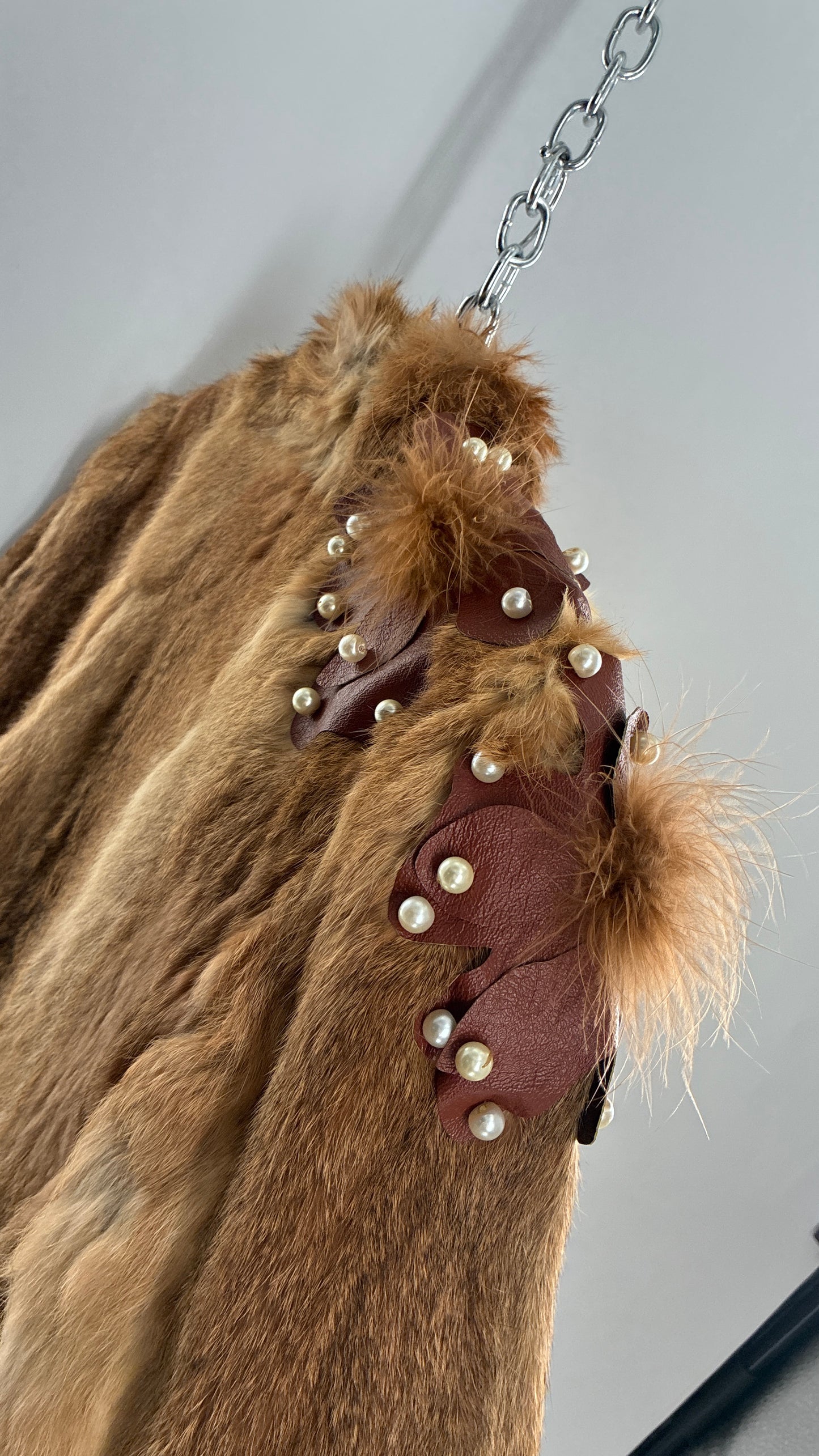 Vintage OPERA Montreal New York Genuine Fur Coat with Pearl Embellished Leather Flower Appliqués (Medium)