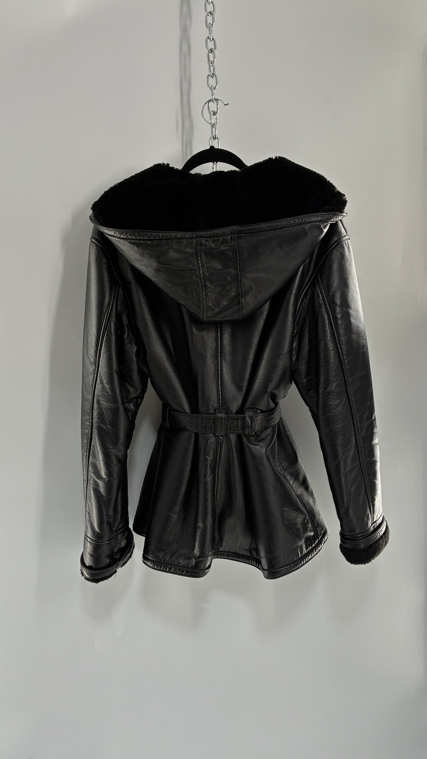Vintage WILSON’S Fur Lined, Genuine Leather Waist Tie Jacket with Hood (Medium)