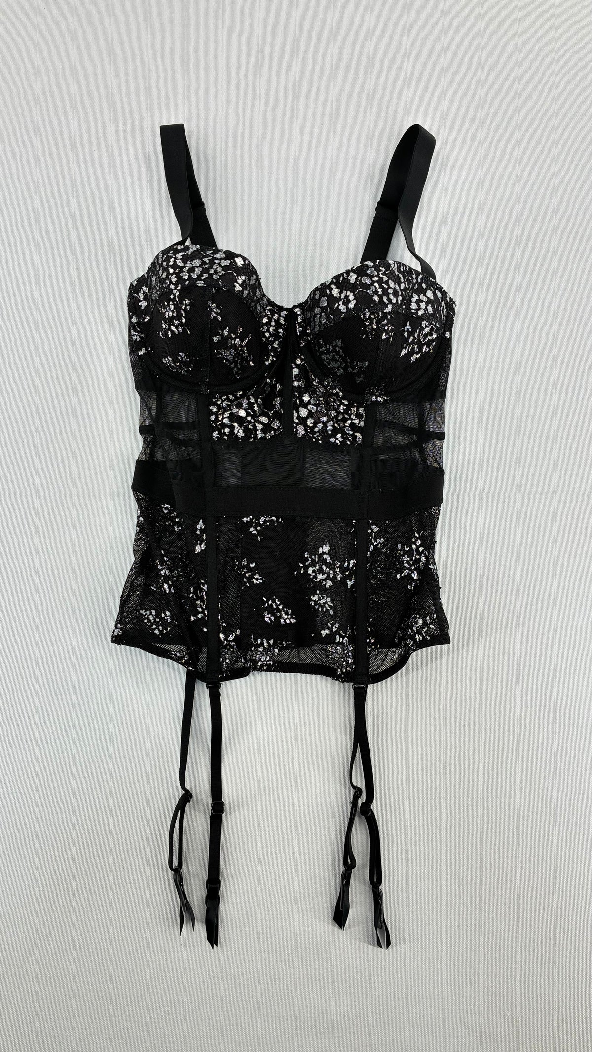 Deadstock Vintage VICTORIA’S SECRET Black and Silver Mesh, Lace Corset with Tags Attached (32C)