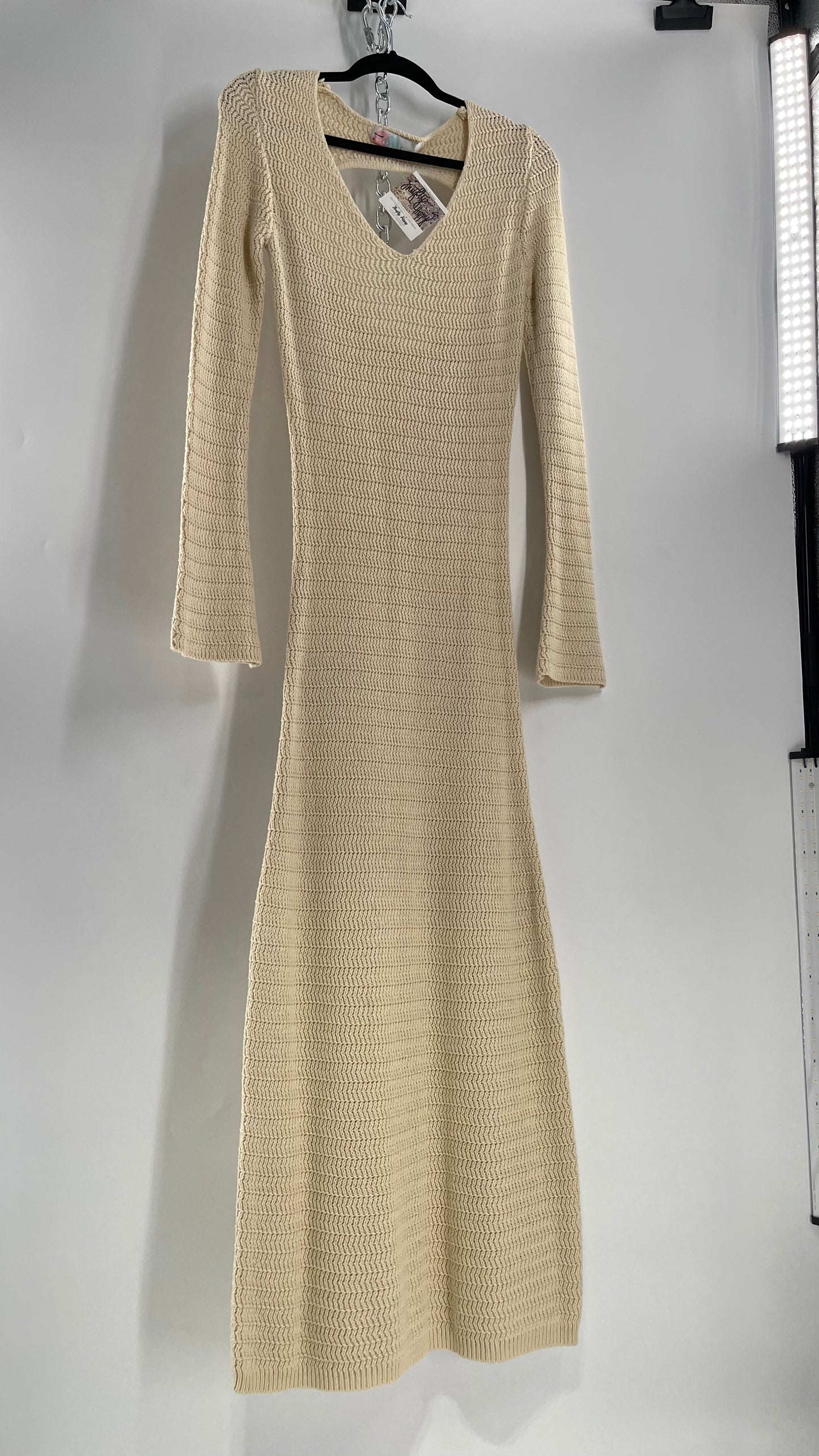 Free People Cozy Cream Knit Open Back Maxi Dress with Slight Bell Sleeve (Large)