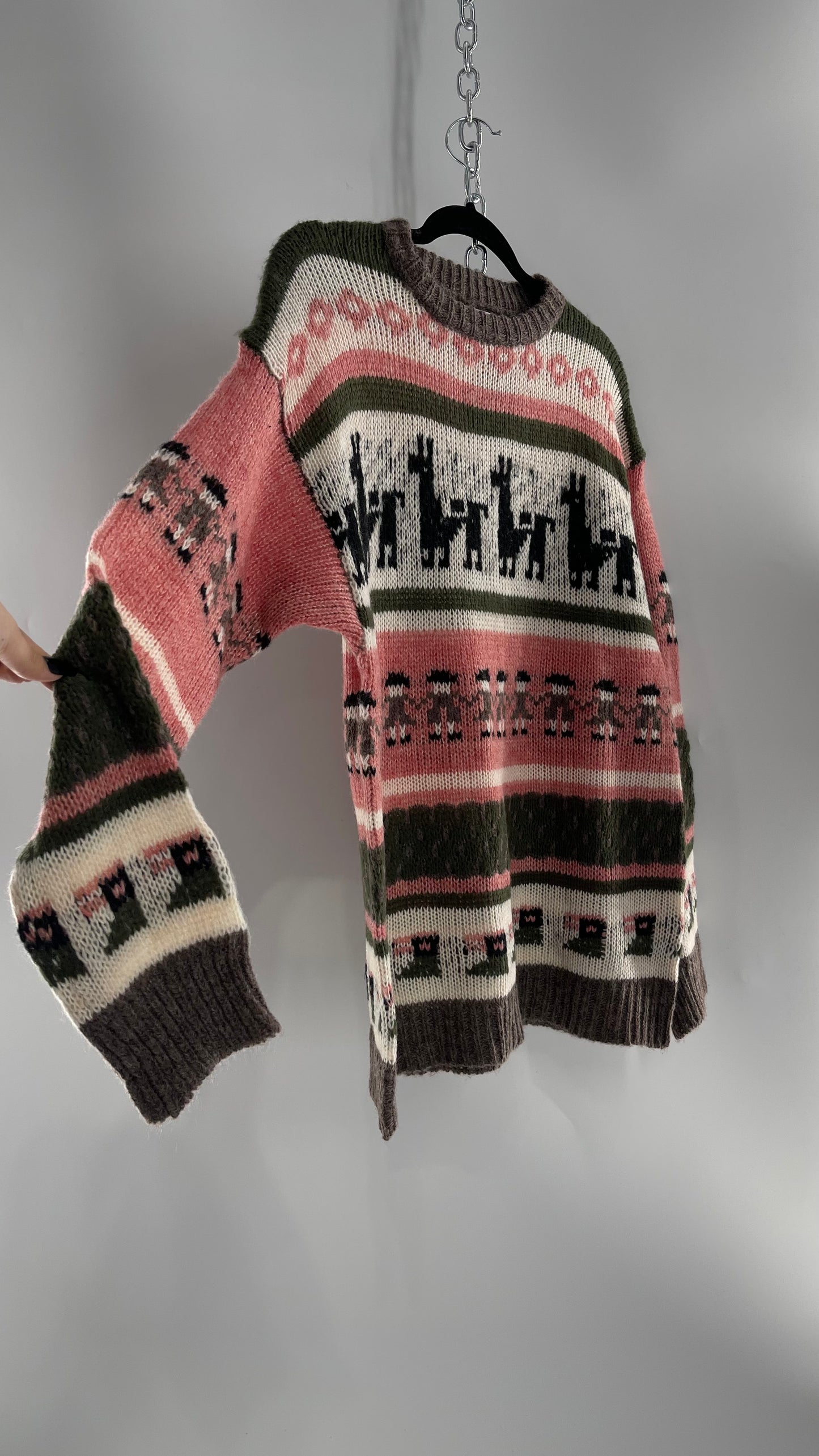 Cooke Collective Knit Llama/Alpaca Graphic Sweater with Army Green, Pink and White Colorway (Medium)