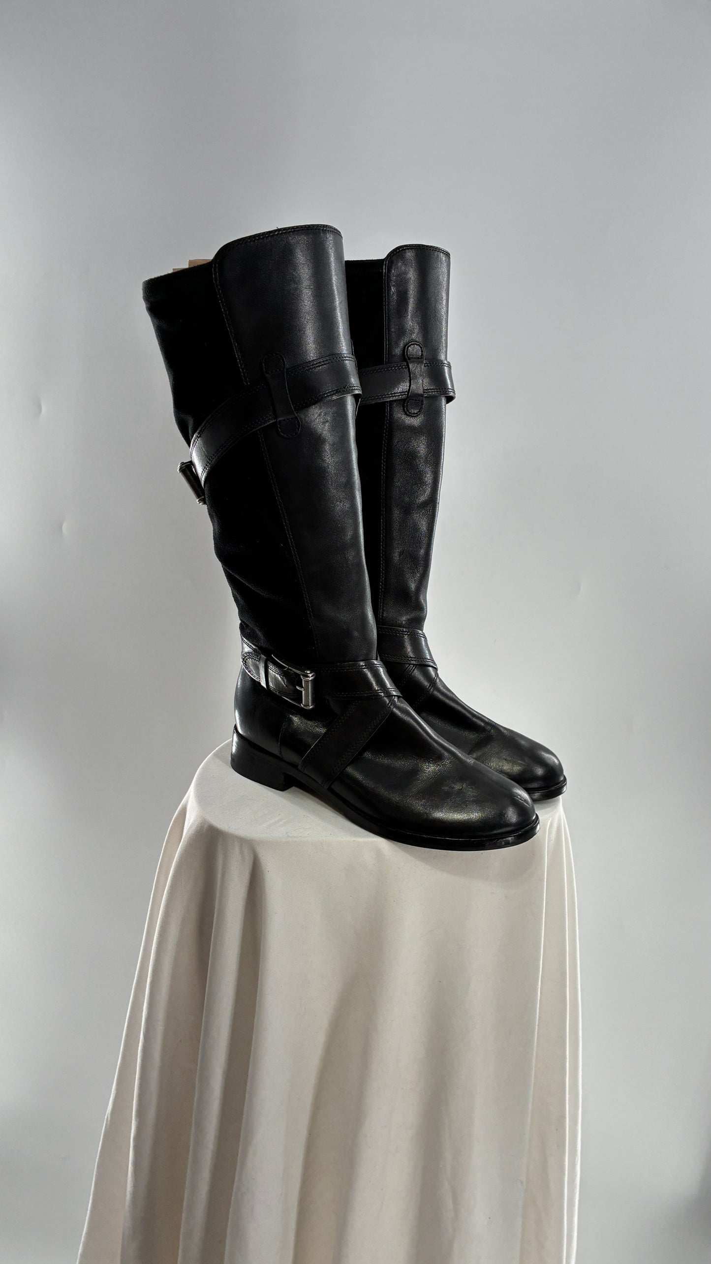 Vintage Cole Haan Black Leather Knee High Boots with Buckle Detailing (7.5)