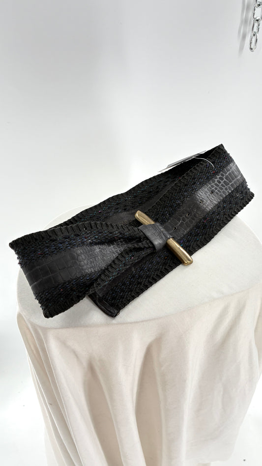 Vintage Leather Shop Belt with Bronze Buckle and Knit Details (Small)