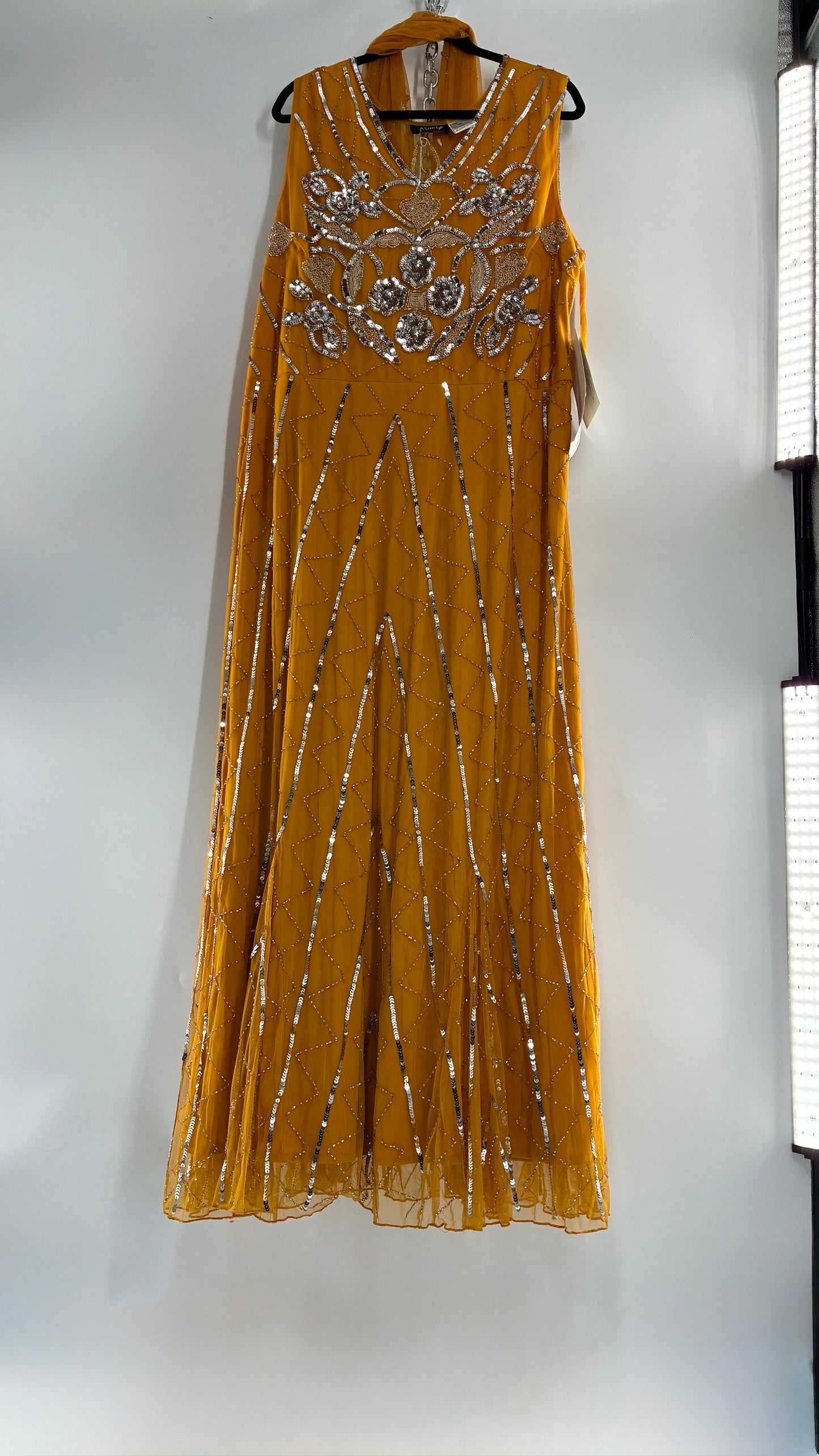 Deadstock Vintage ASHRO 1990s Mustard Yellow Dress with Sheer Back, Neck Scarf and Silver Beading (XXL)