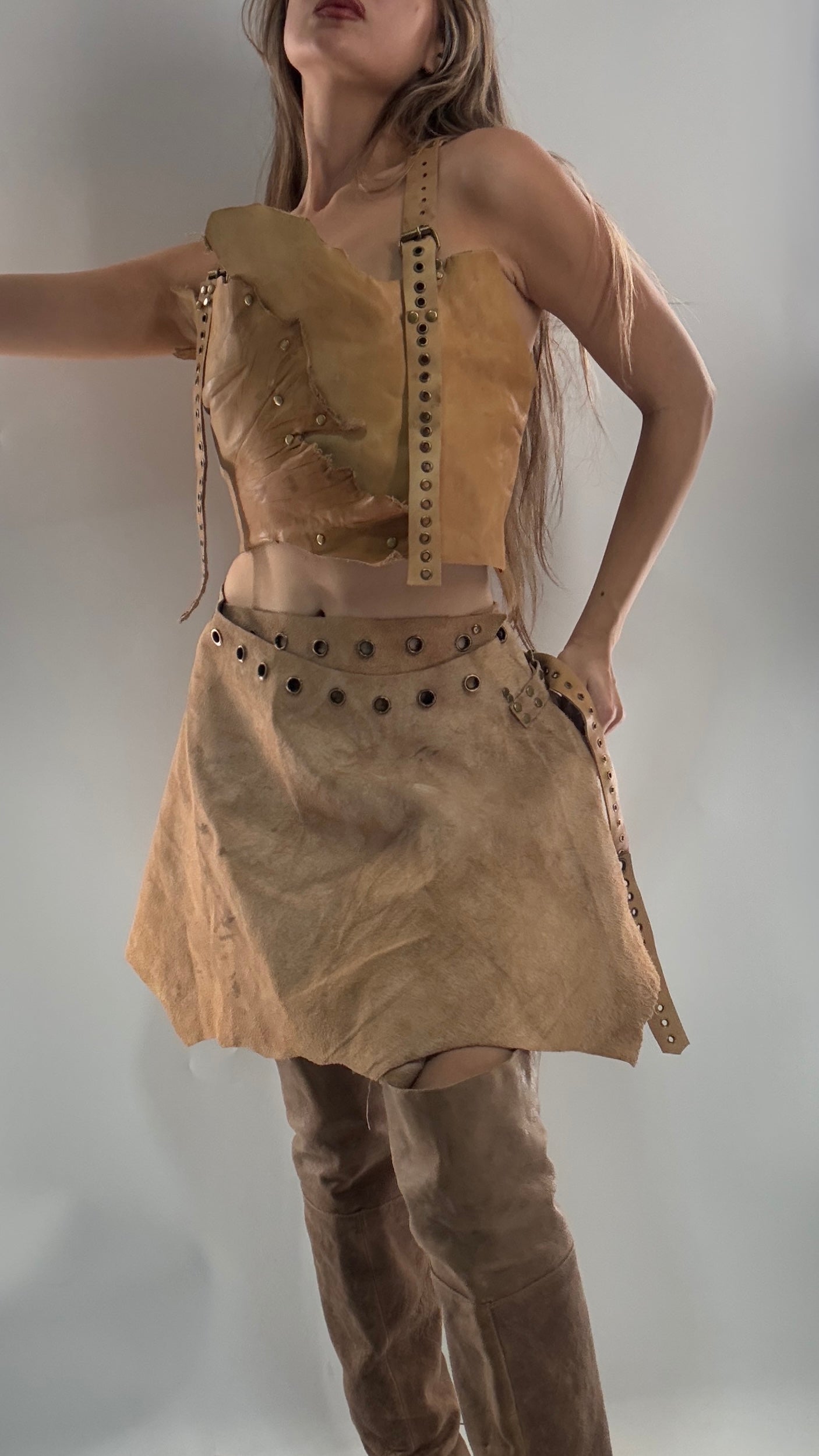 CUSTOM Handmade Rugged and Reversible Distressed Leather Two Piece Set with Grommet Waistband (XS-XL)