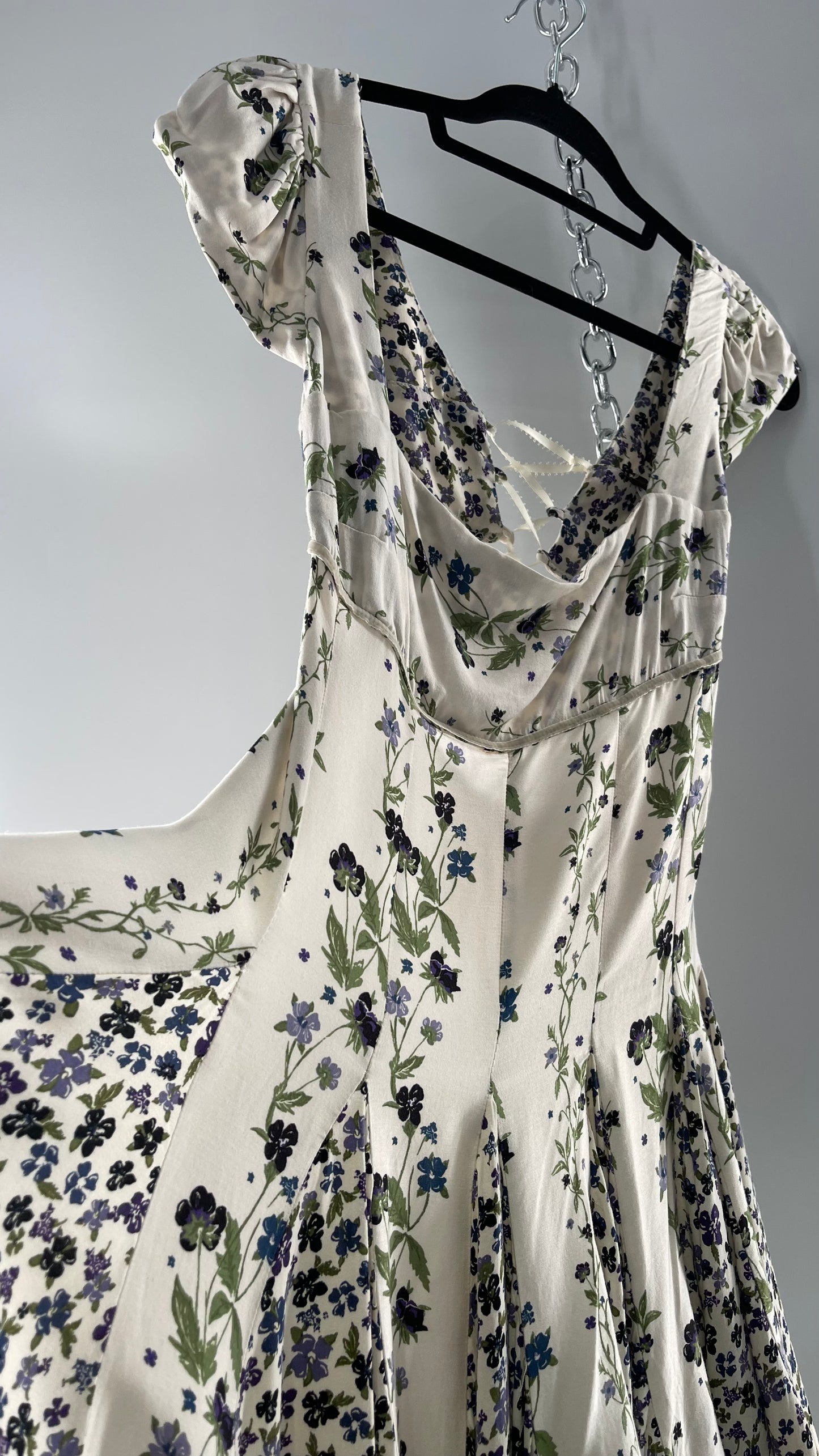 Free People Ivory Mini Dress with Violet Floral Pattern, Cap Sleeves and Lace Up Open Back (M)