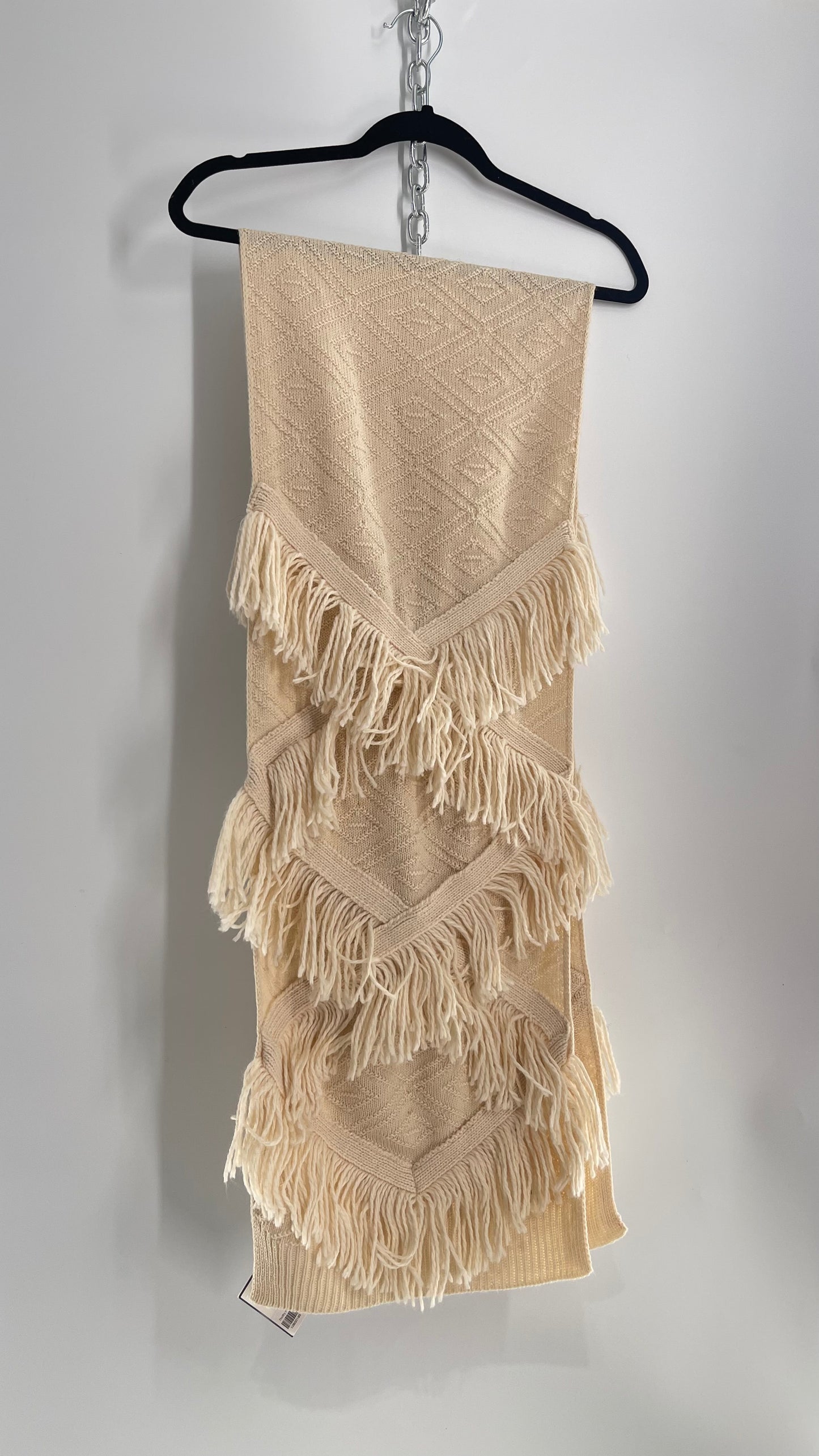 Urban Outfitters Ivory Off White Knit Scarf with Fringe and Argyle Design