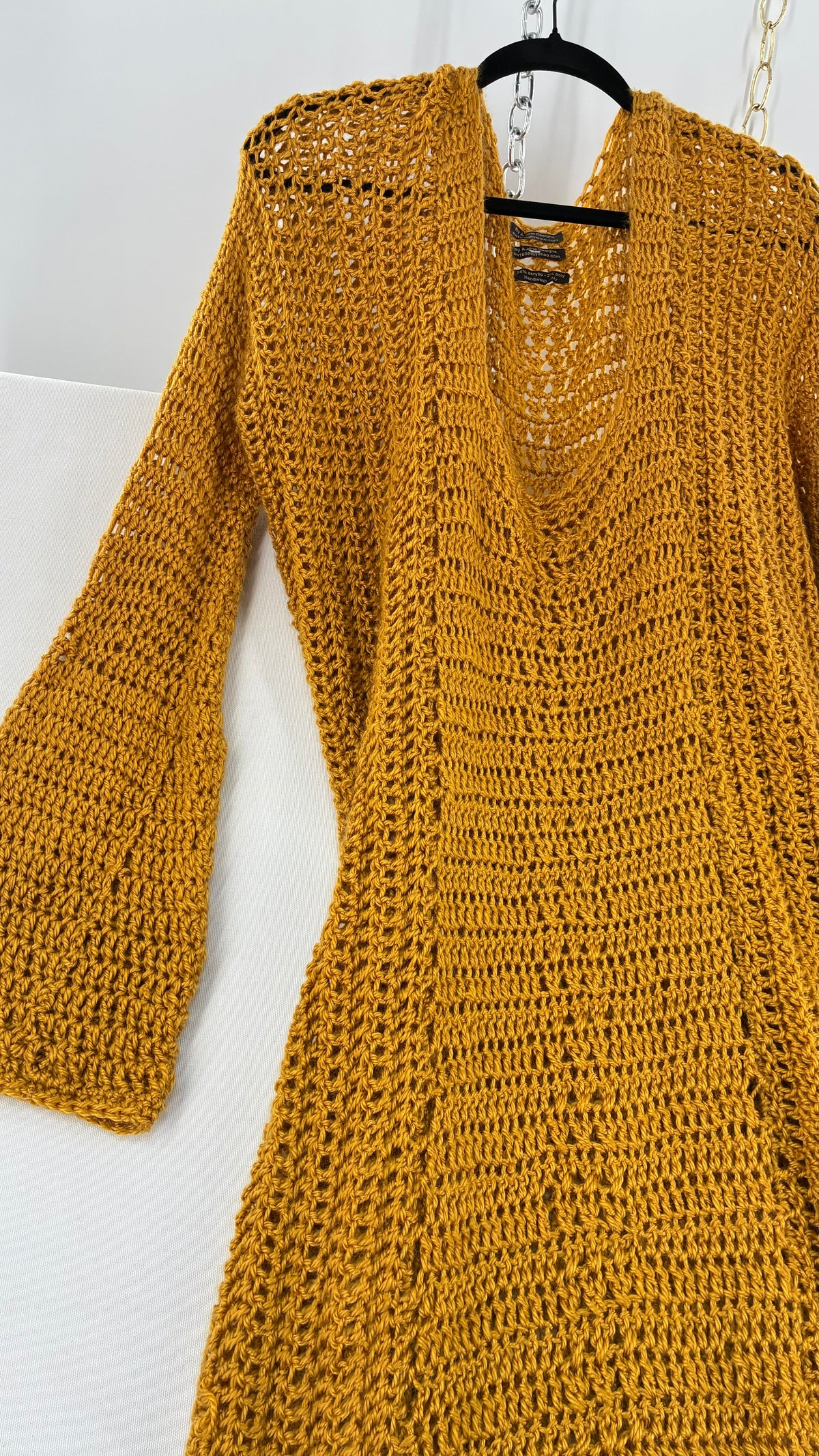 Vintage AUDRIE DESIGNS Mustard Crochet Bell Sleeve Duster Sweater Gown, Hand Knit  (OS)