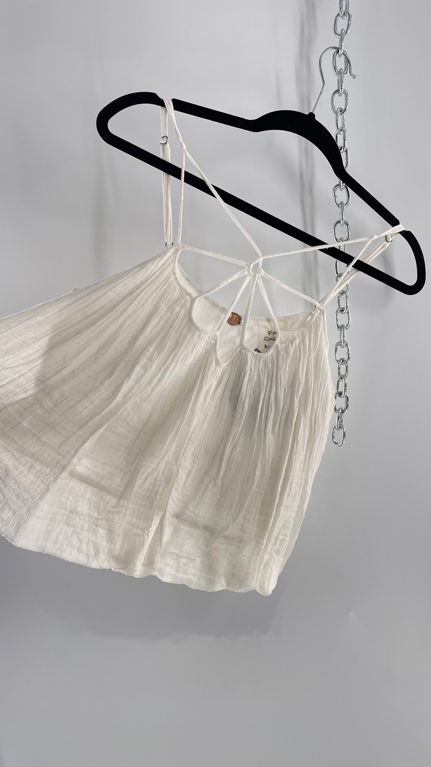 Free People White Cotton Bubble Sleeveless Blouse with Strappy Neckline (M)