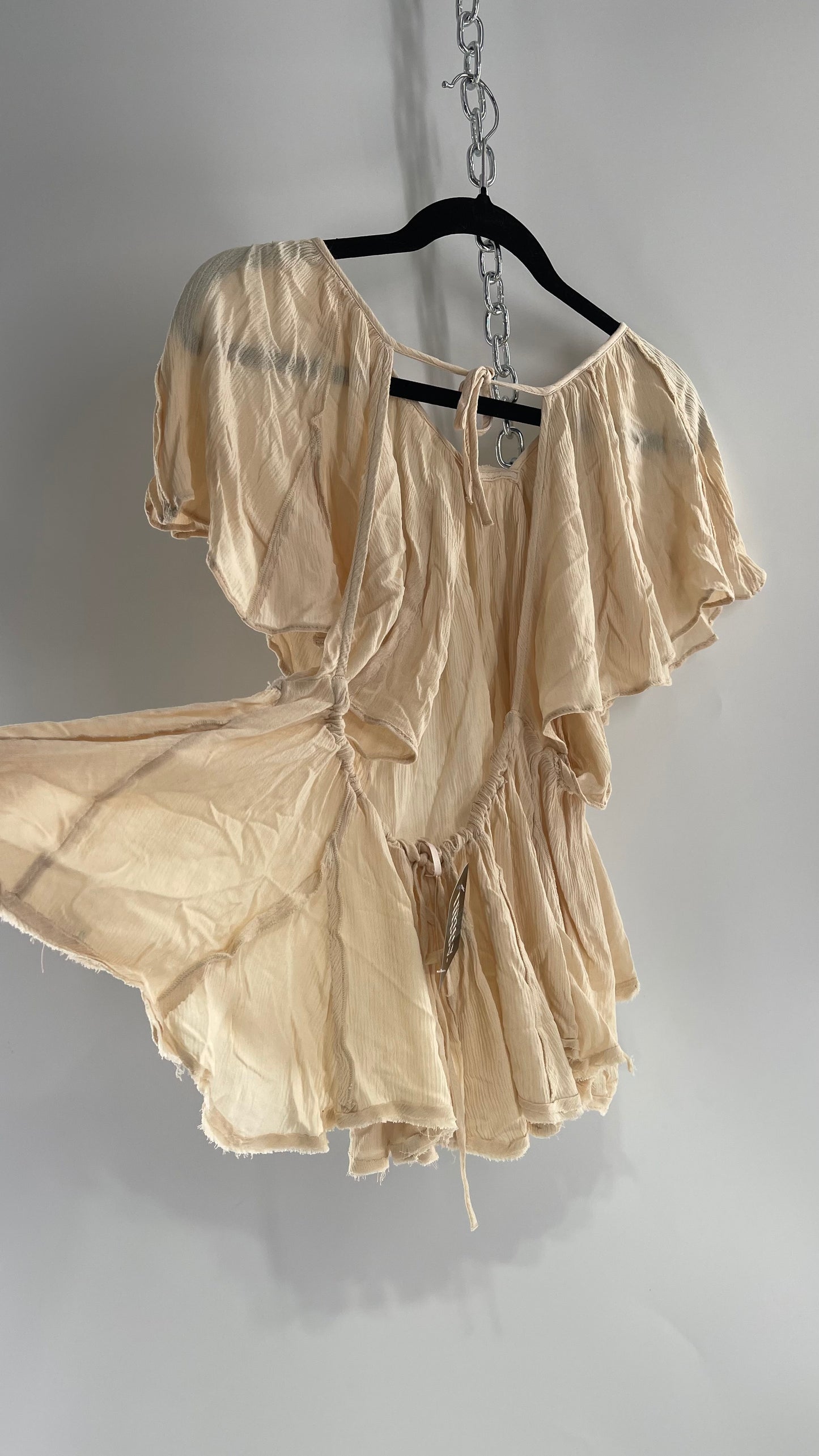 Free People Beige Open Back Drape Sleeve Blouse (XS)