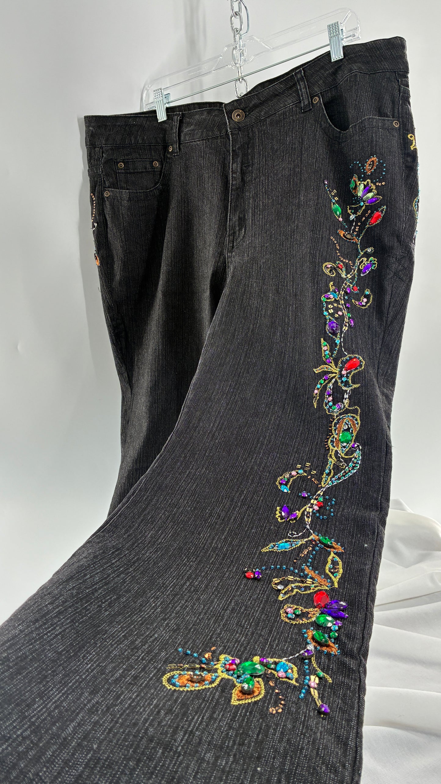 Vintage Grainy Black Denim with Hip to Hem Gemstones and Embroidery (22W)