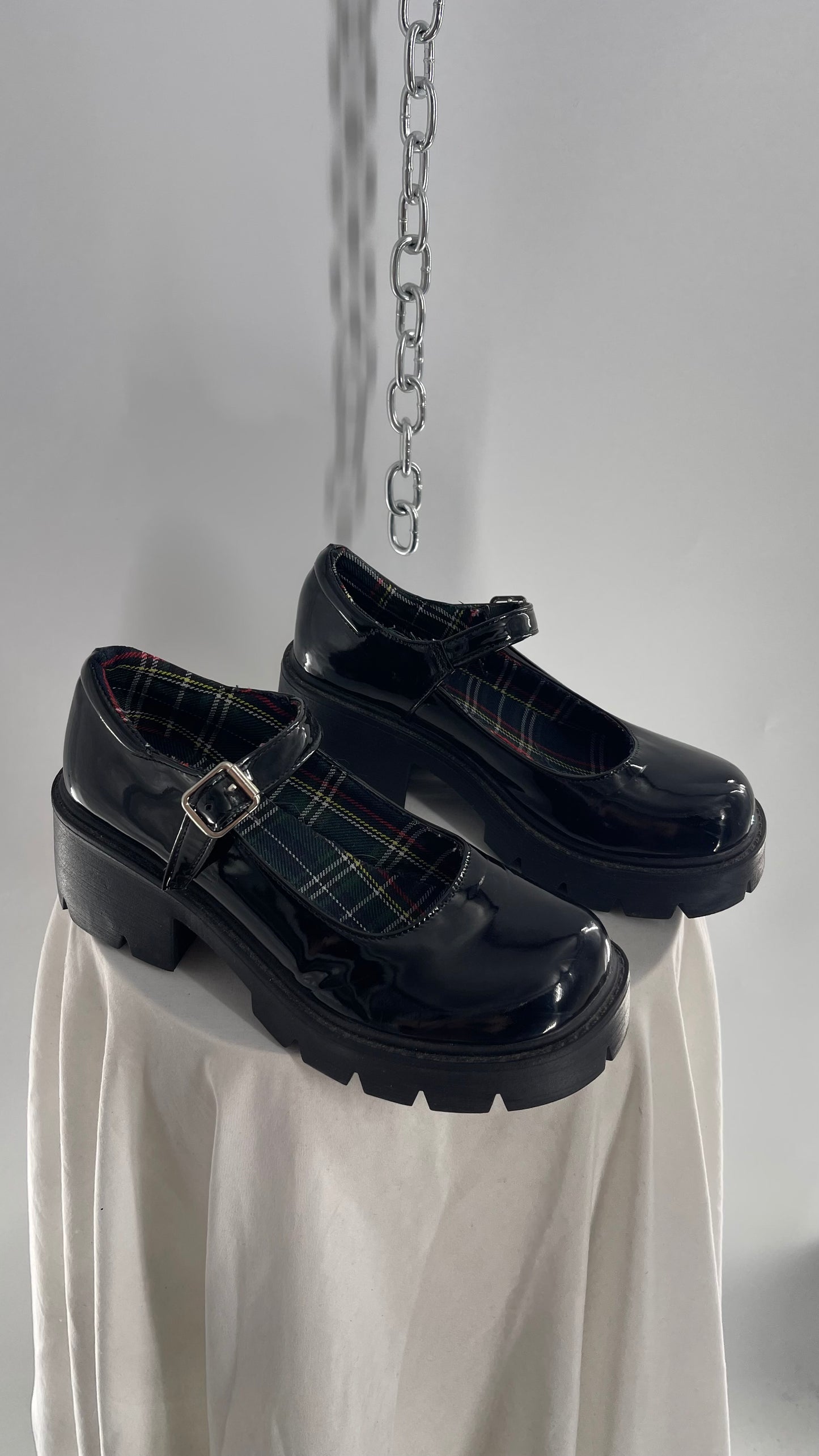 Black Patent Mary Janes with Chunky Platform and Plaid Lining (8)