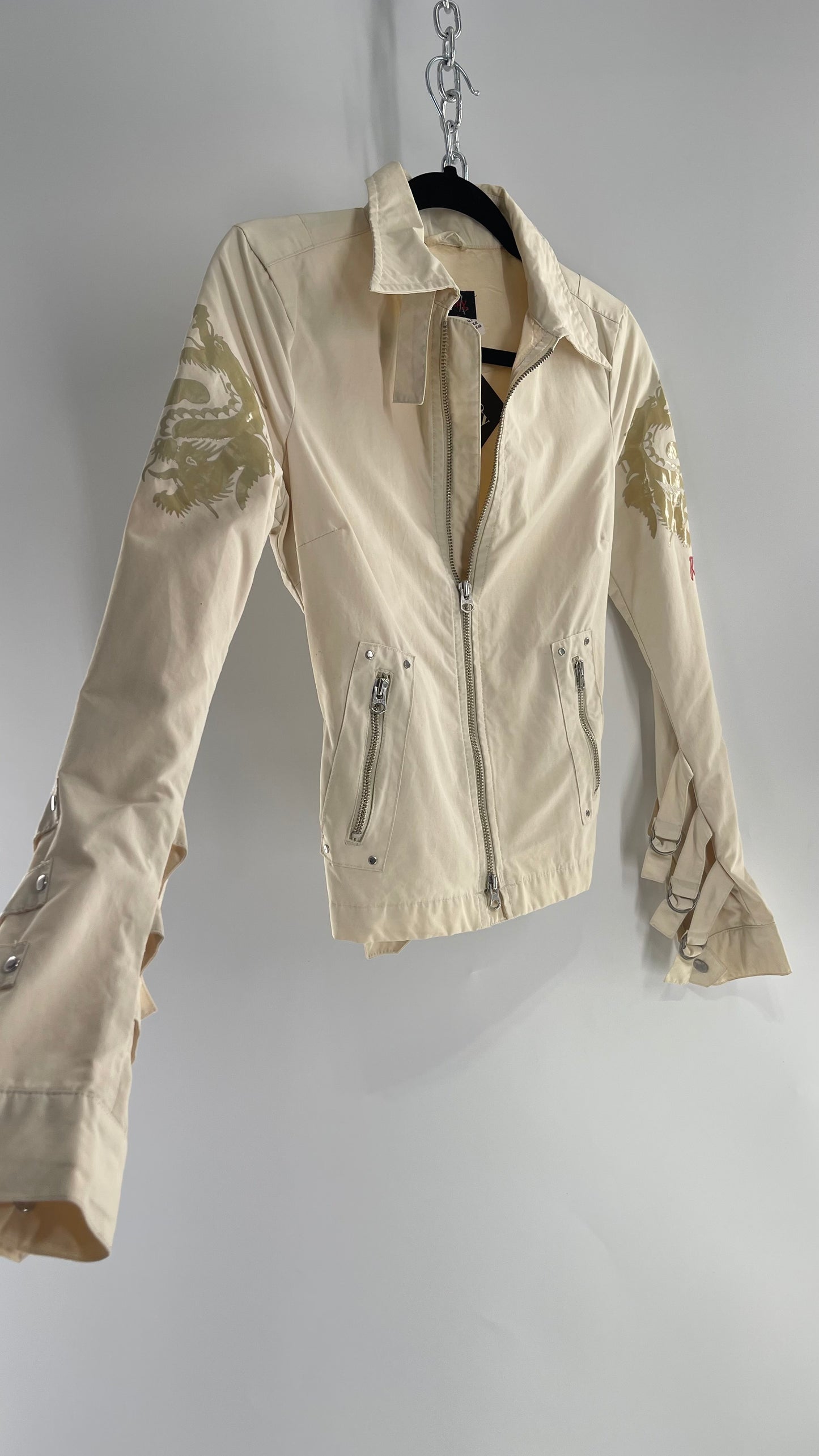 Vintage REPLAY Beige 1990s Italian Moto Jacket with Embossed Buttons, Buckle Cuffs, Dragon Graphic and Neck Strap (XS)