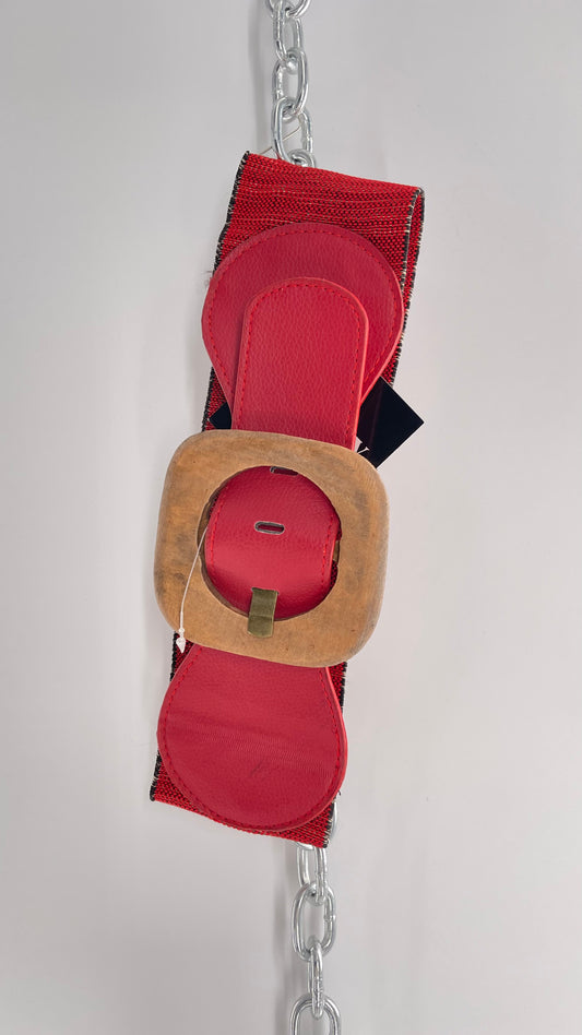 Vintage Red Leather Scrunch/Elastic Wooden Buckle Belt (XS/S)