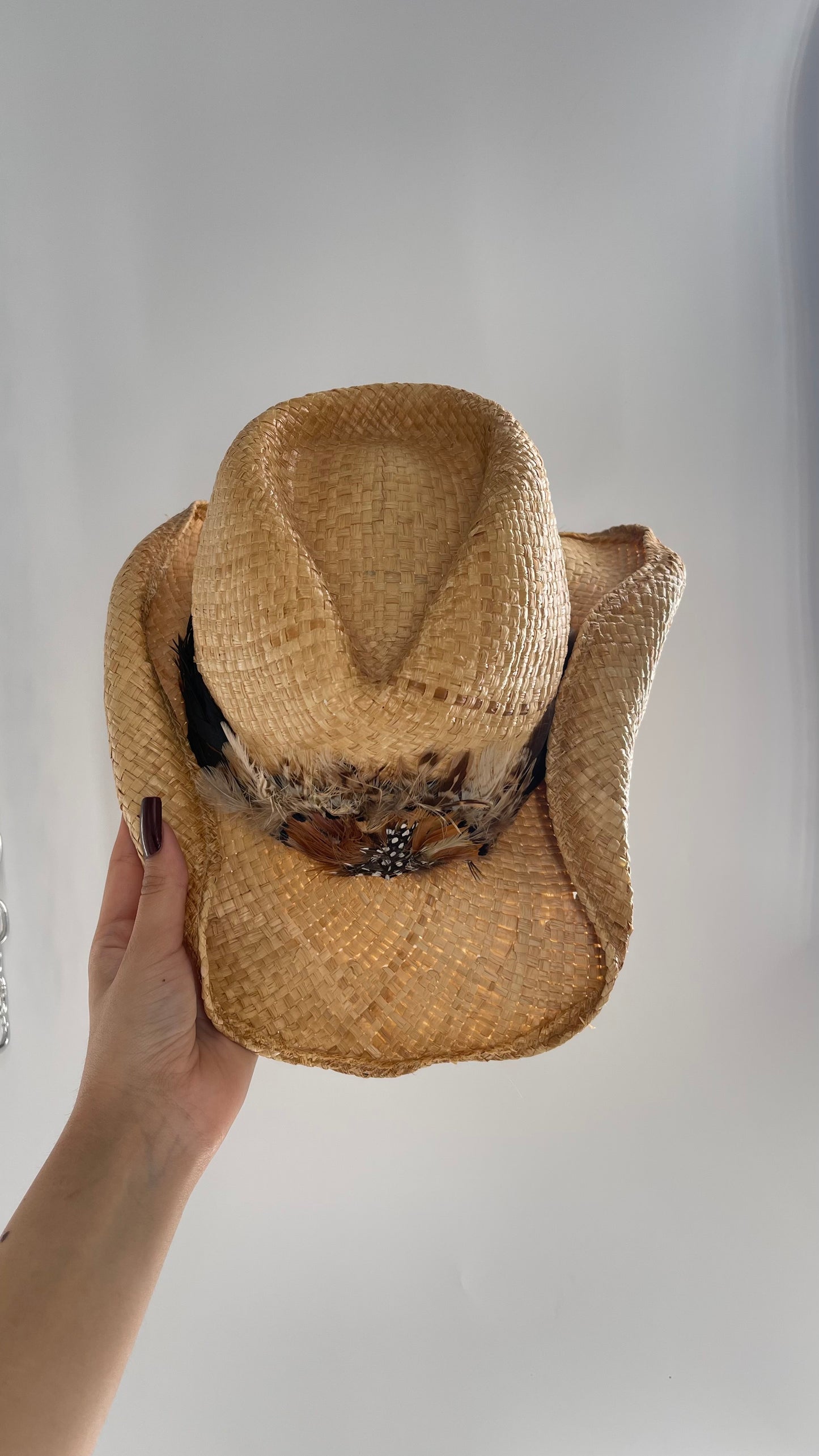 Vintage Straw Hat with Feather Band