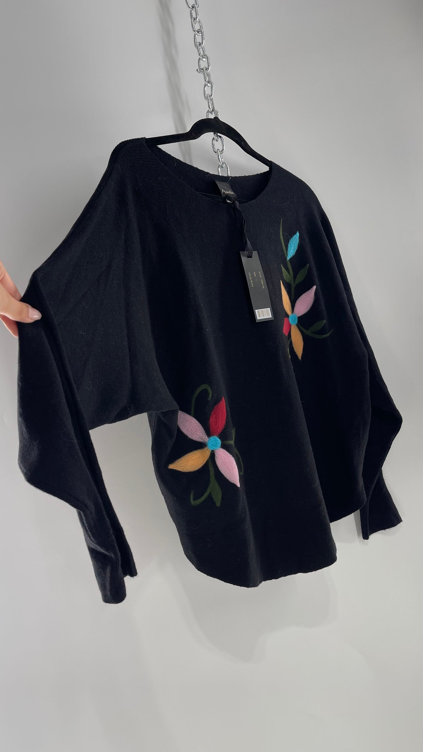 Aeda Black Sweater with Knit Flowers and Tags Attached (Large)