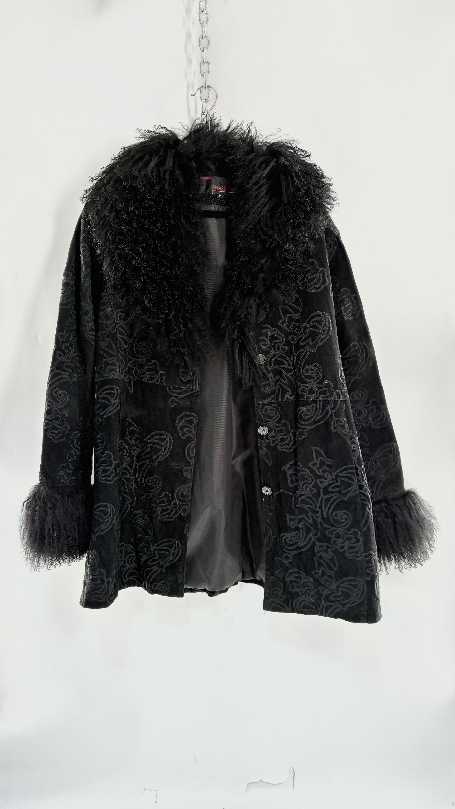 Vintage PHASE TWO Embroidered Black Genuine Suede Leather Coat with Mongolian Fur Collar and Cuffs (XXL)