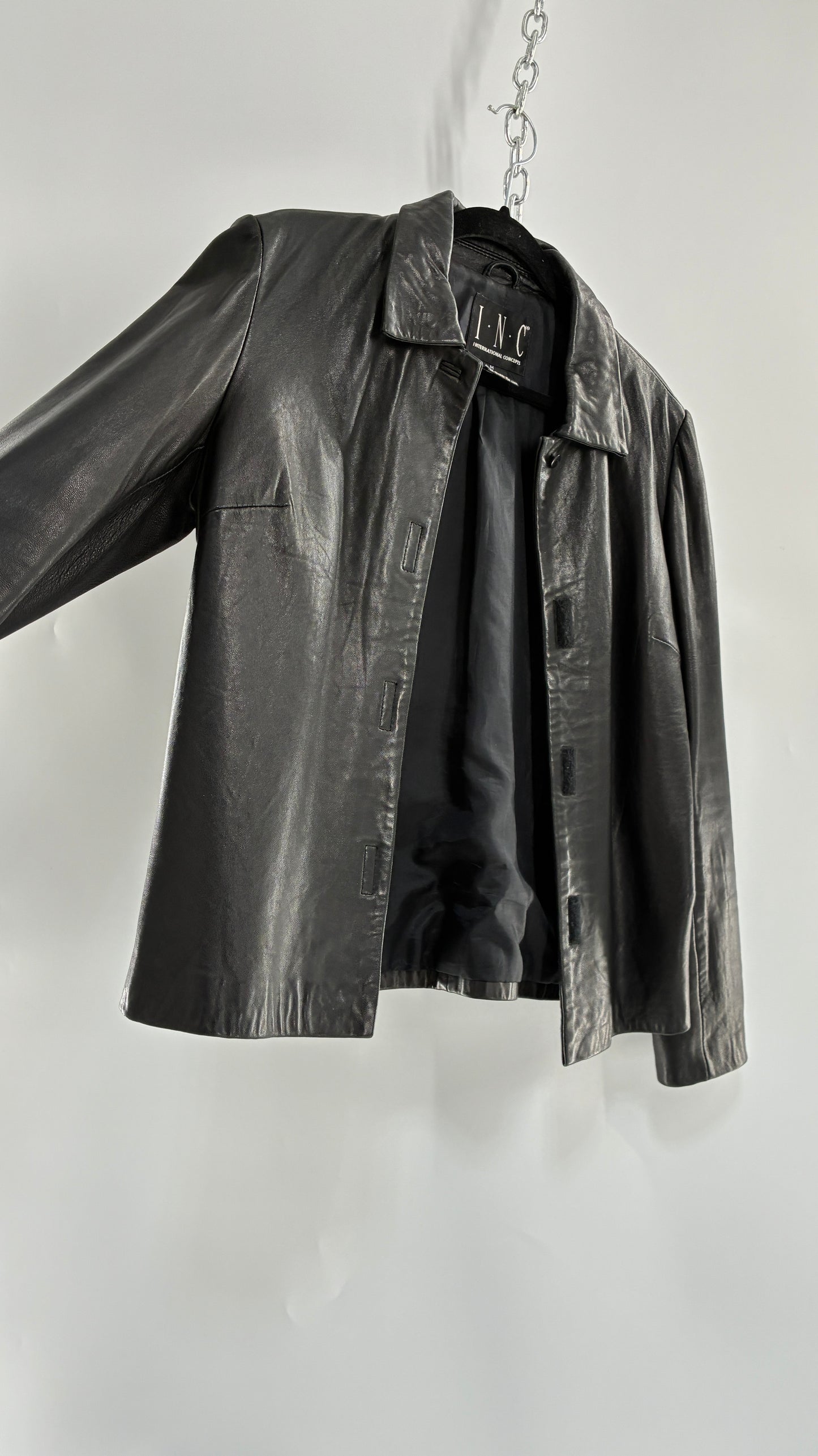 Vintage INC 1990s Black Genuine Ultra Soft Leather Collared Jacket with Velcro Closure Never Worn (Medium)