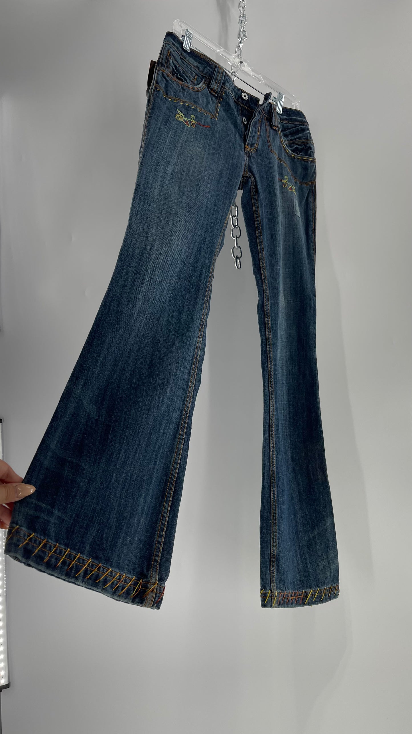 Vintage RARE Antik Denim Kick Flares with Embroidered Flower Design and Contrast Stitching (28)