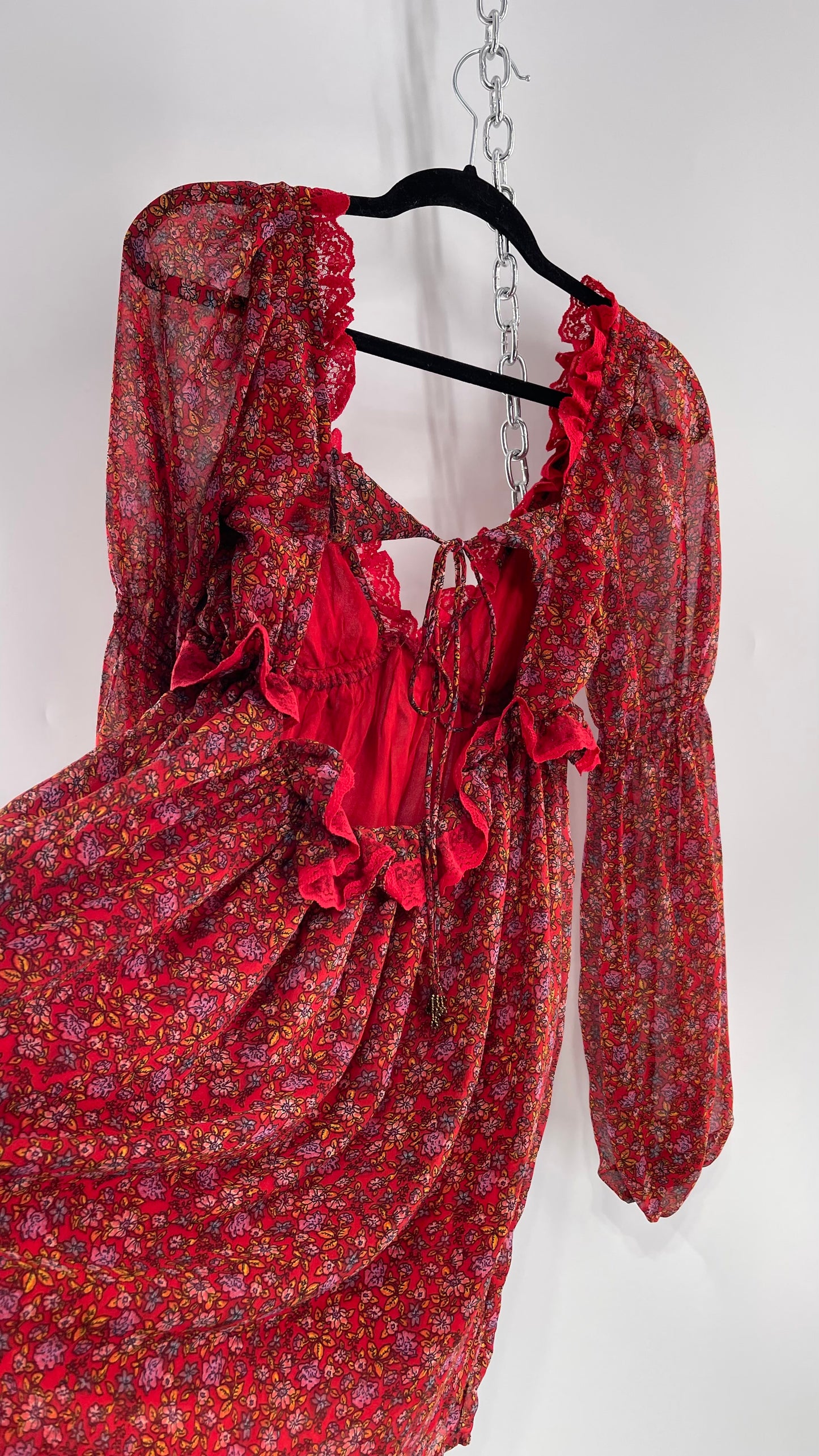 Free People Red Floral Mini Dress with Lace Trim, Open Back and Balloon Sleeves (Small)