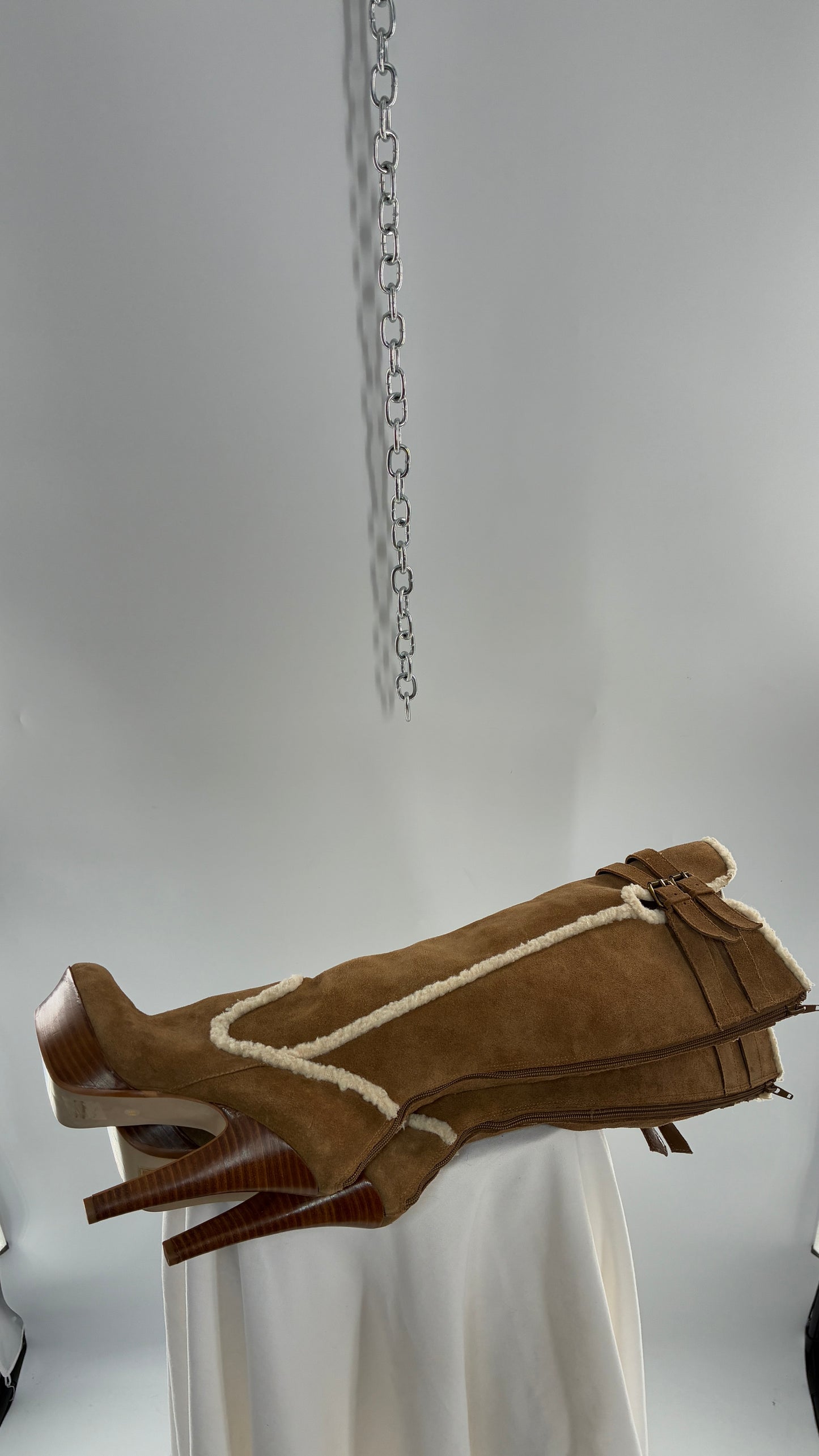 Vintage BEBE Genuine Suede Leather Stiletto, Platform Knee High Boots with Shearling Piping (8B)