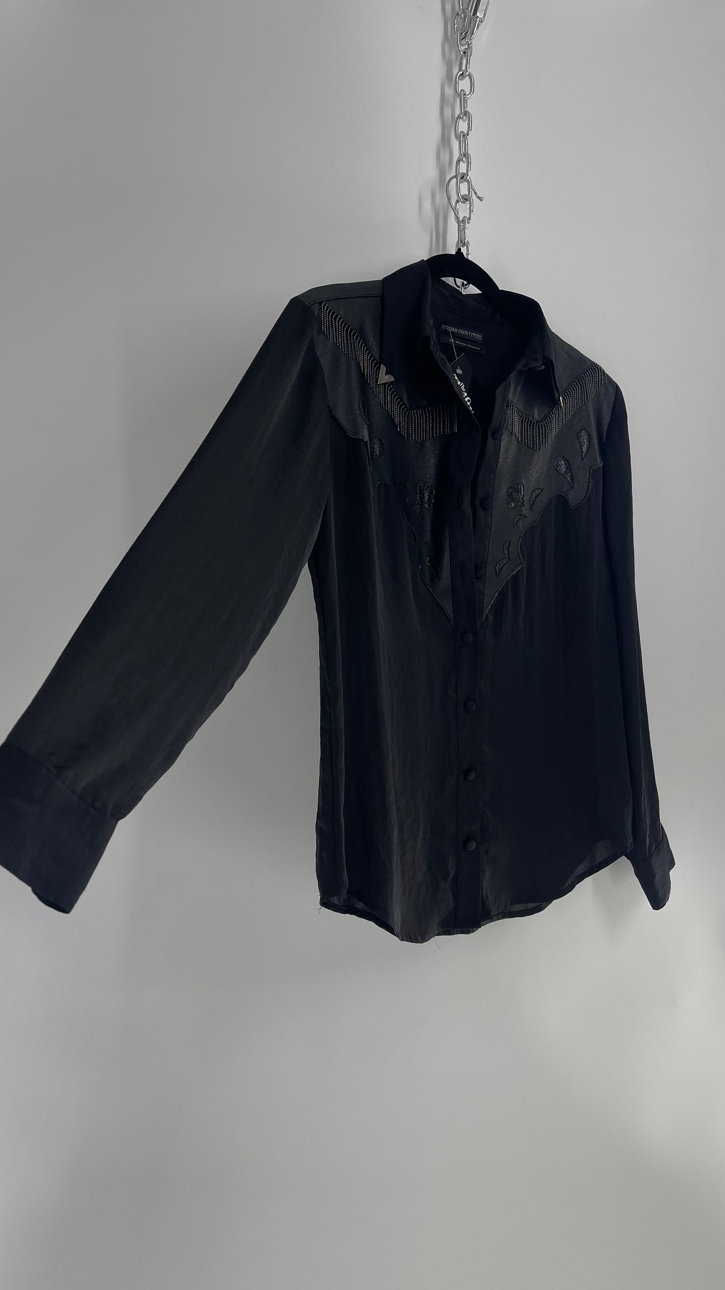 Urban Outfitters Cowboy Silky Black Fringe Button Up(C)(Small)