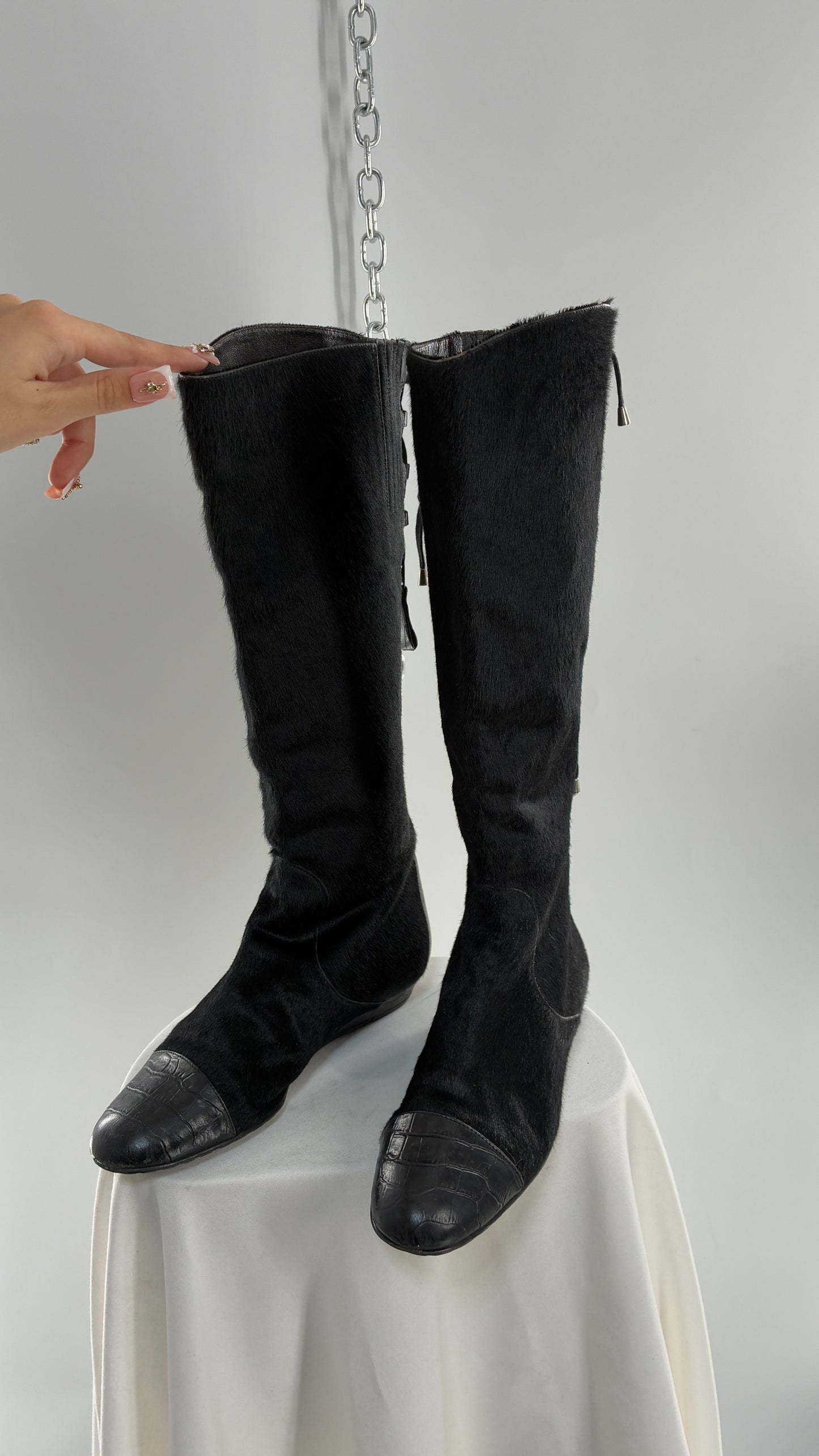 Vintage MIGLIORINI Black Genuine Calf Hair/Fur Boots with Heel, Made in Italy (7.5)