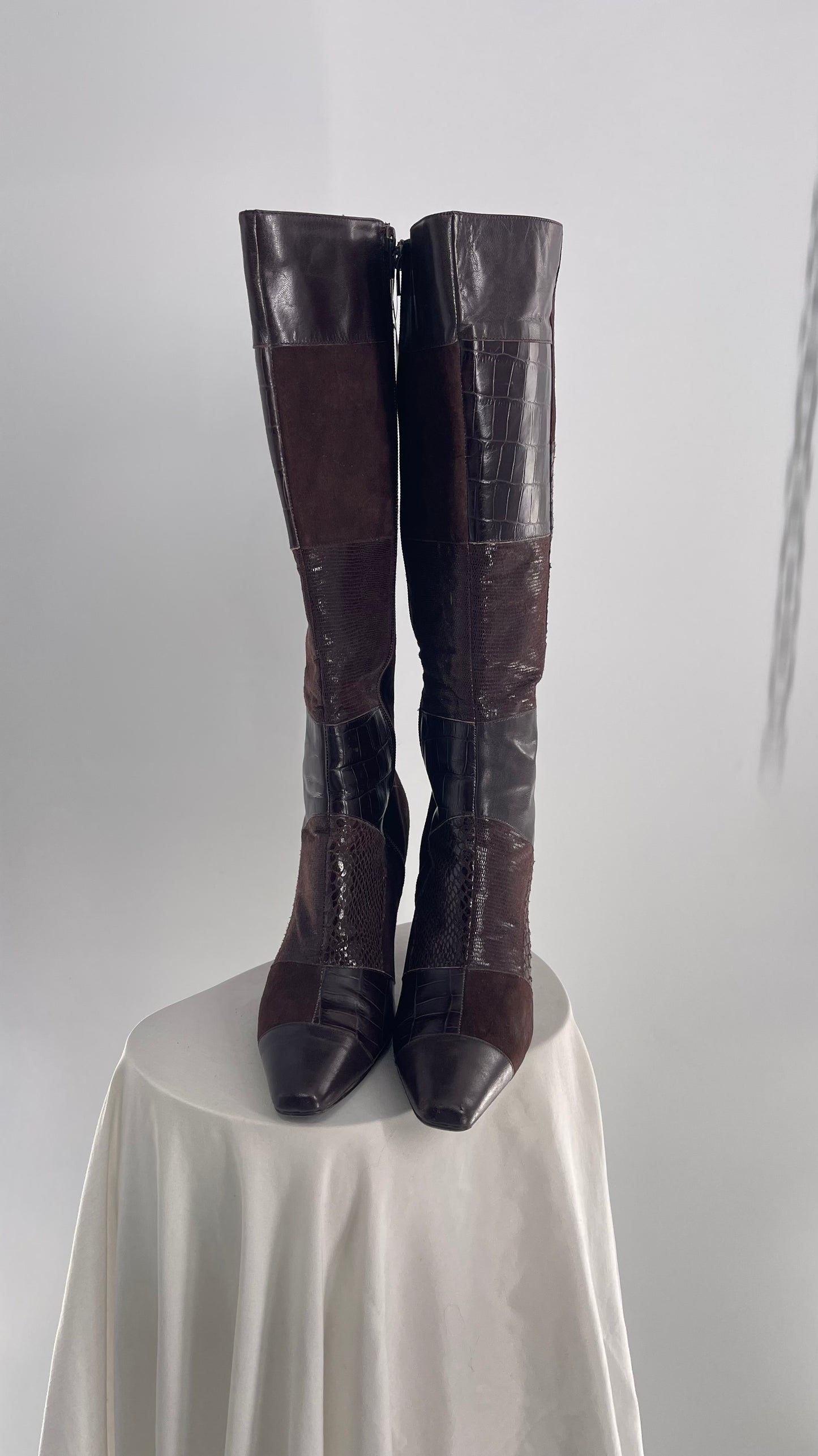 Vintage Bandolino Pointed Toe Patchwork Leather Knee High Boots (10)