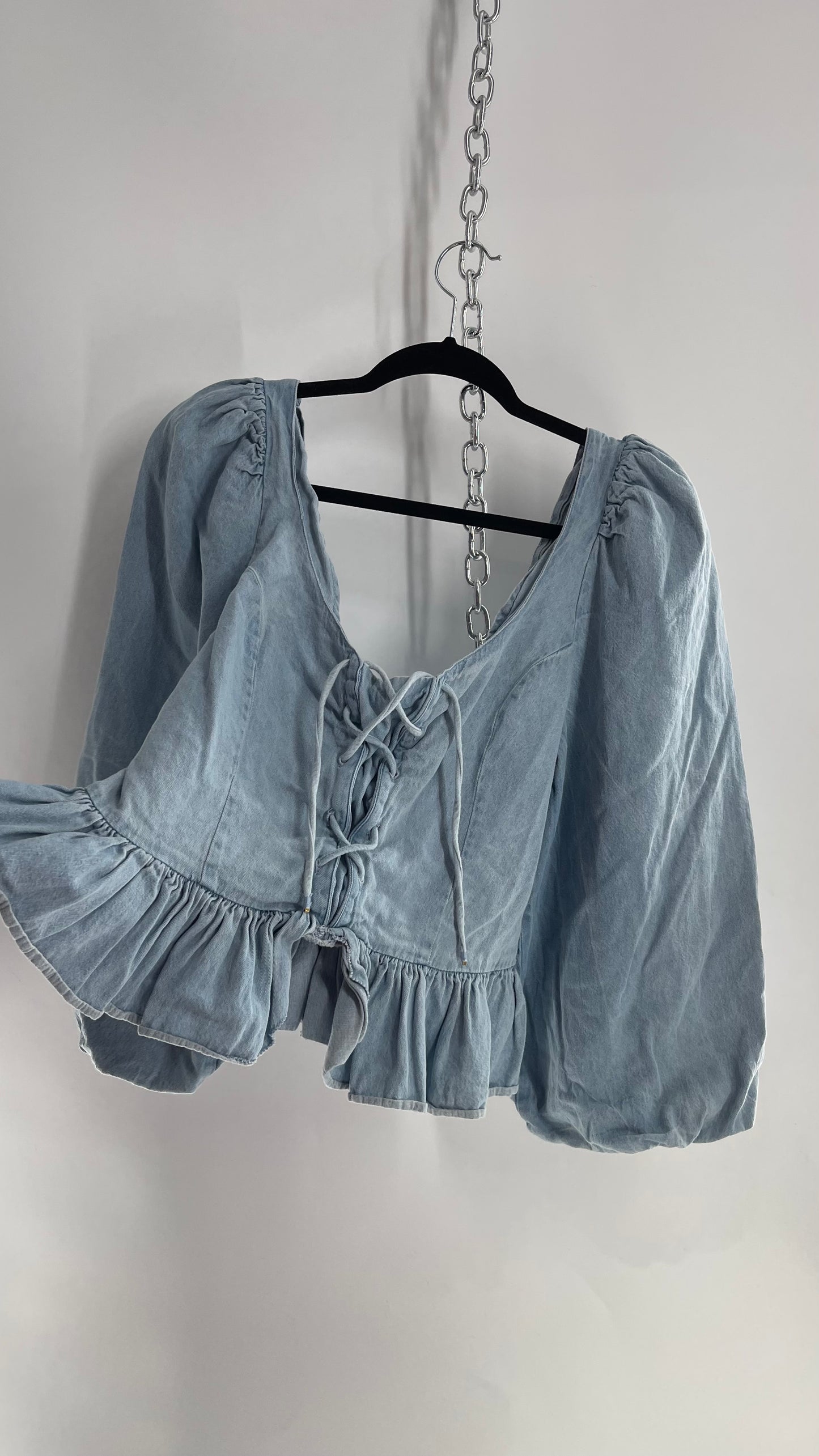 Love the Label Light Wash Denim Puff Sleeve, Ruffled Waist, Tie Bust Blouse (Large)