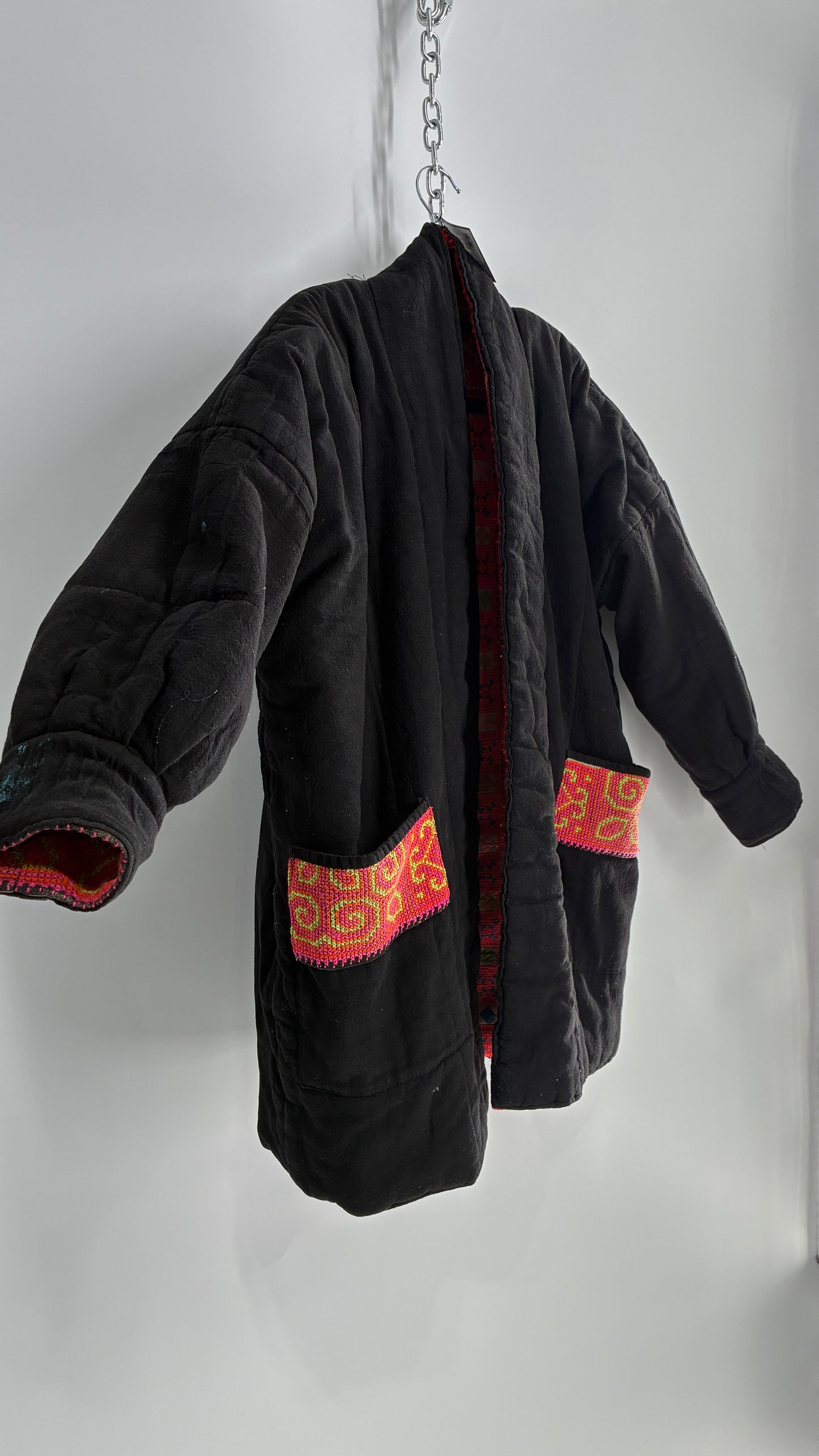 One Size Neon Pink Fully Embroidered and Quilted Reversible Puff Sleeve Coat (Large)