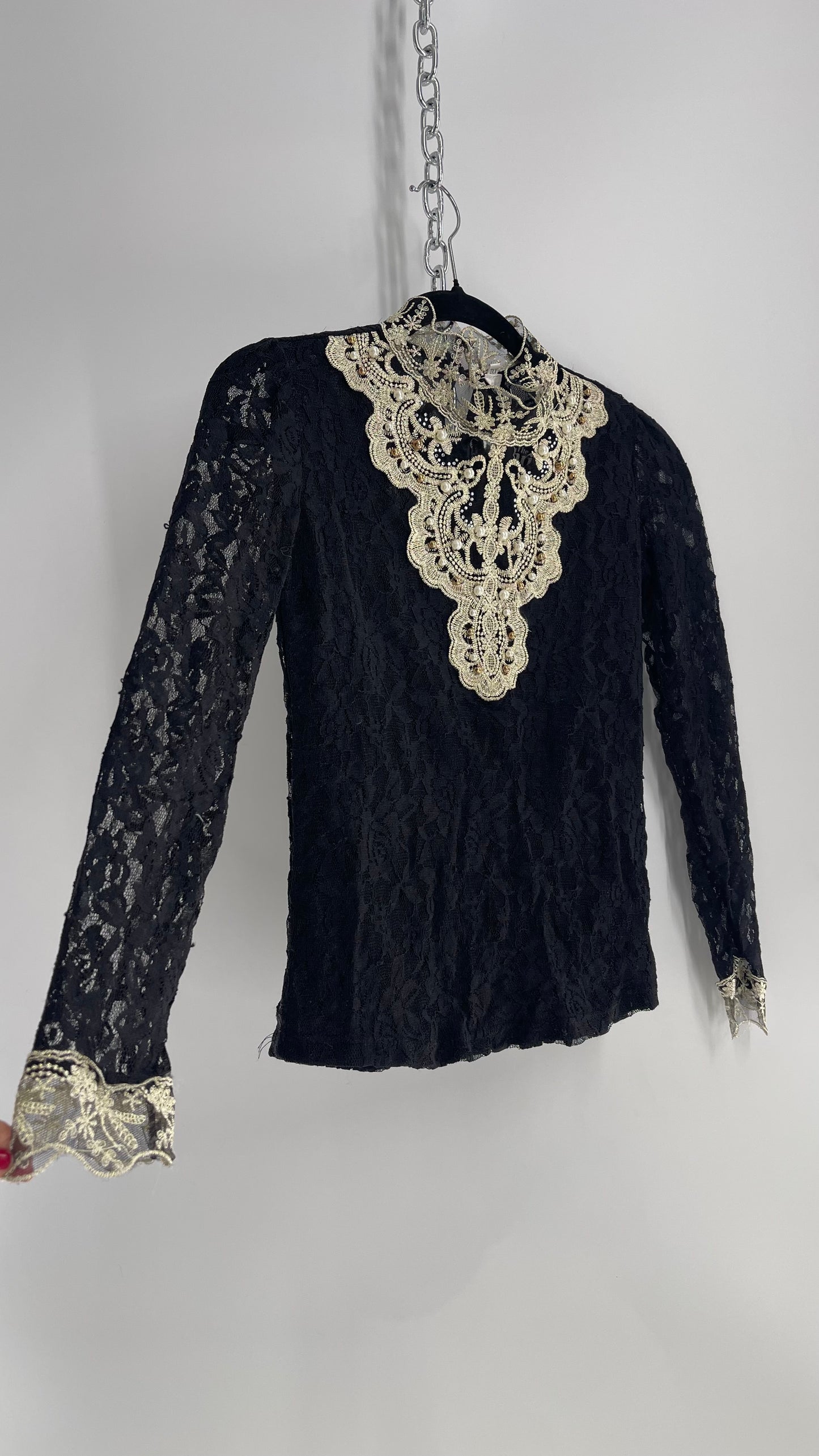 Biexiu Vintage Black Lace Semi Sheer Blouse with Ivory Gold Beaded Embroidered Neckline (Small)