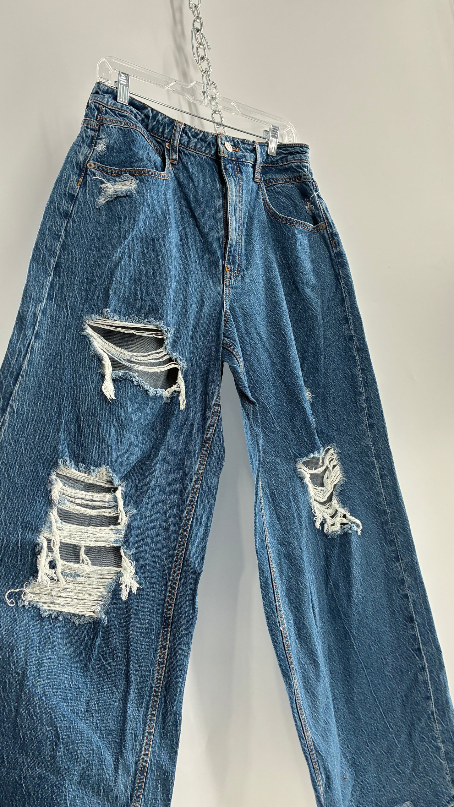 Free People Medium Wash Wide Leg Distressed Jeans (30)