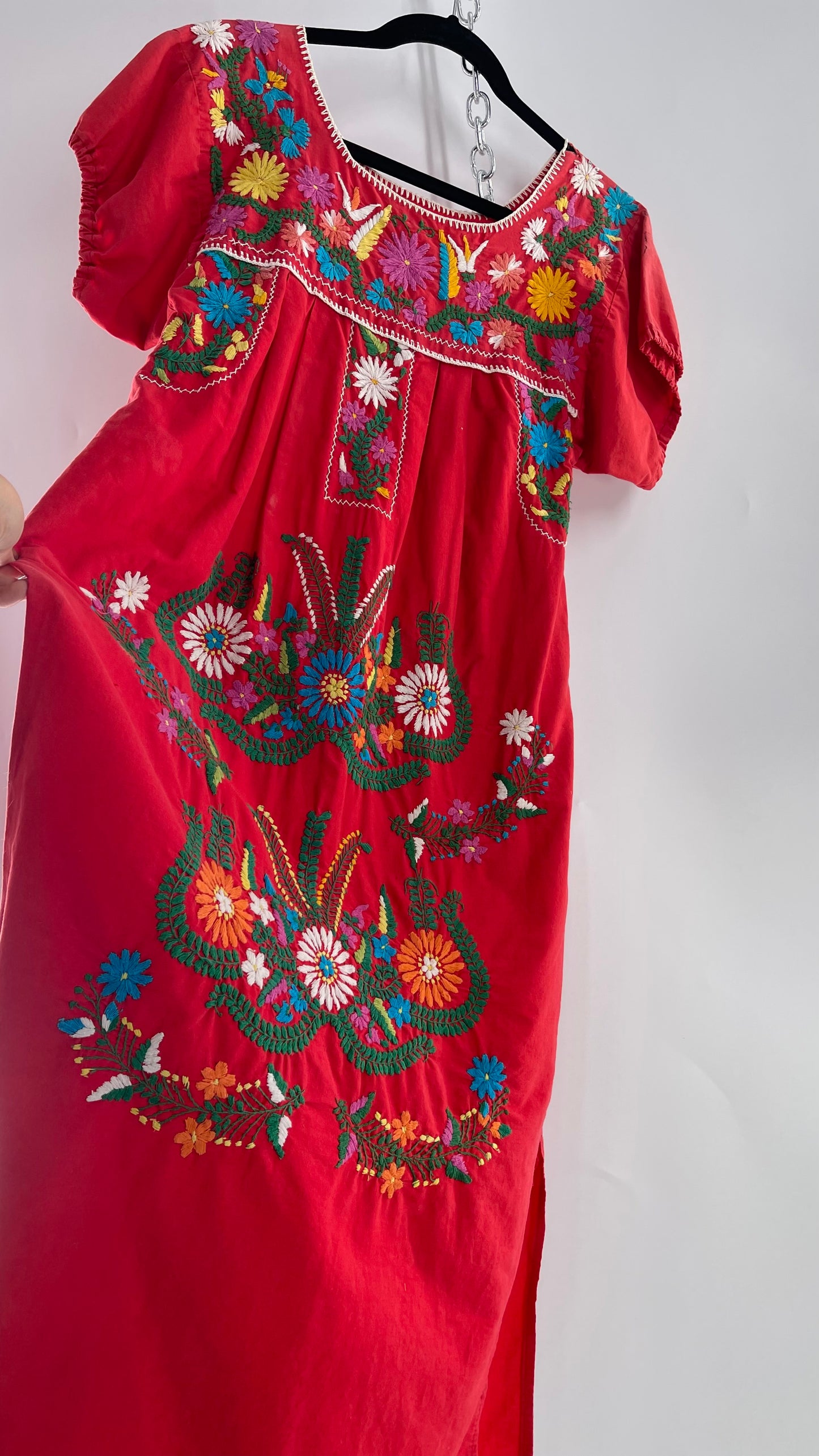 Vintage 1970s Red Cotton Dress with Hand Embroidered Florals Imported from Mexico (Small)