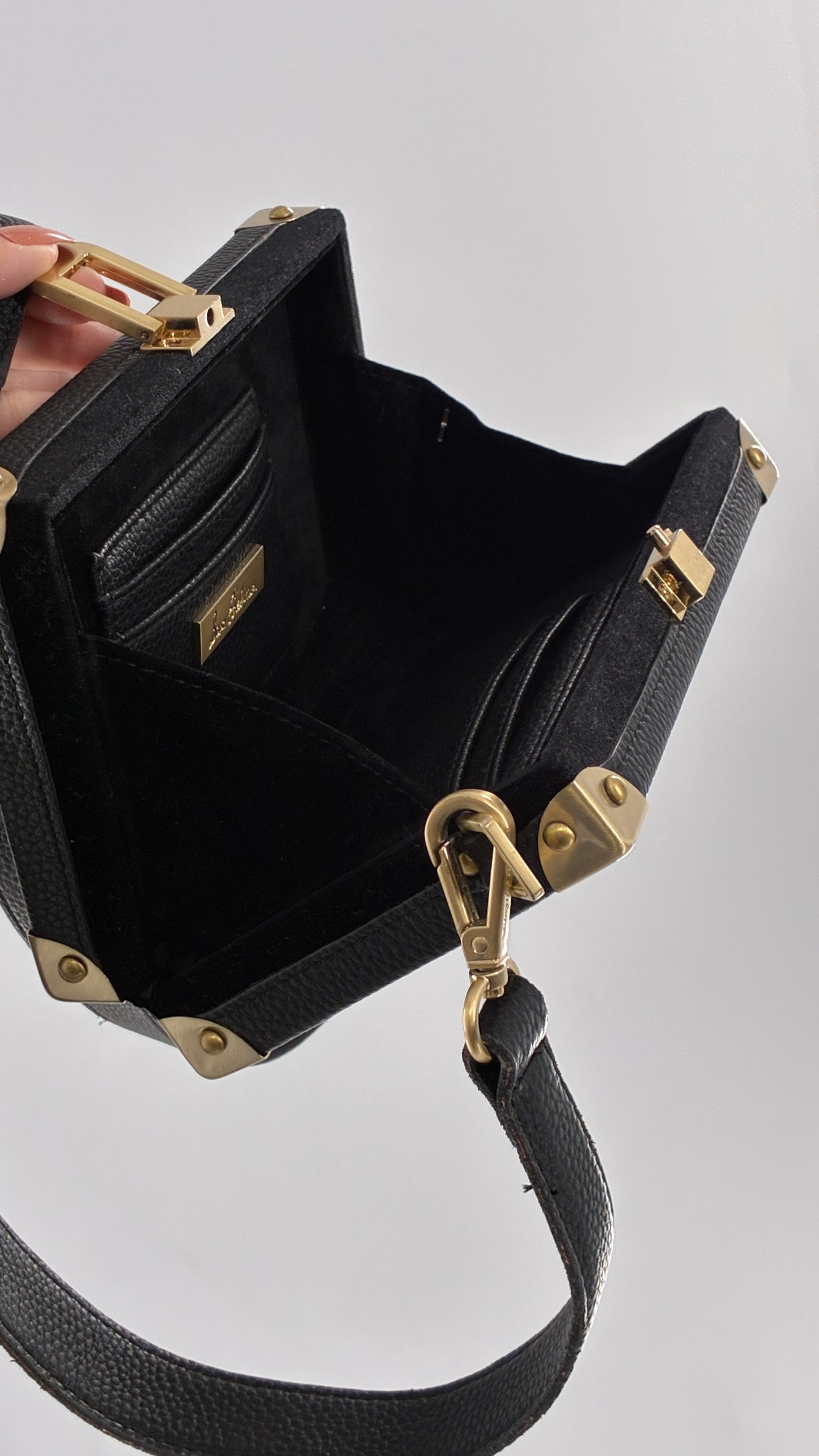 Vintage Sam Edelman Black Leather and Velour Box Case Purse with Gold Hardware and Celestial Beading