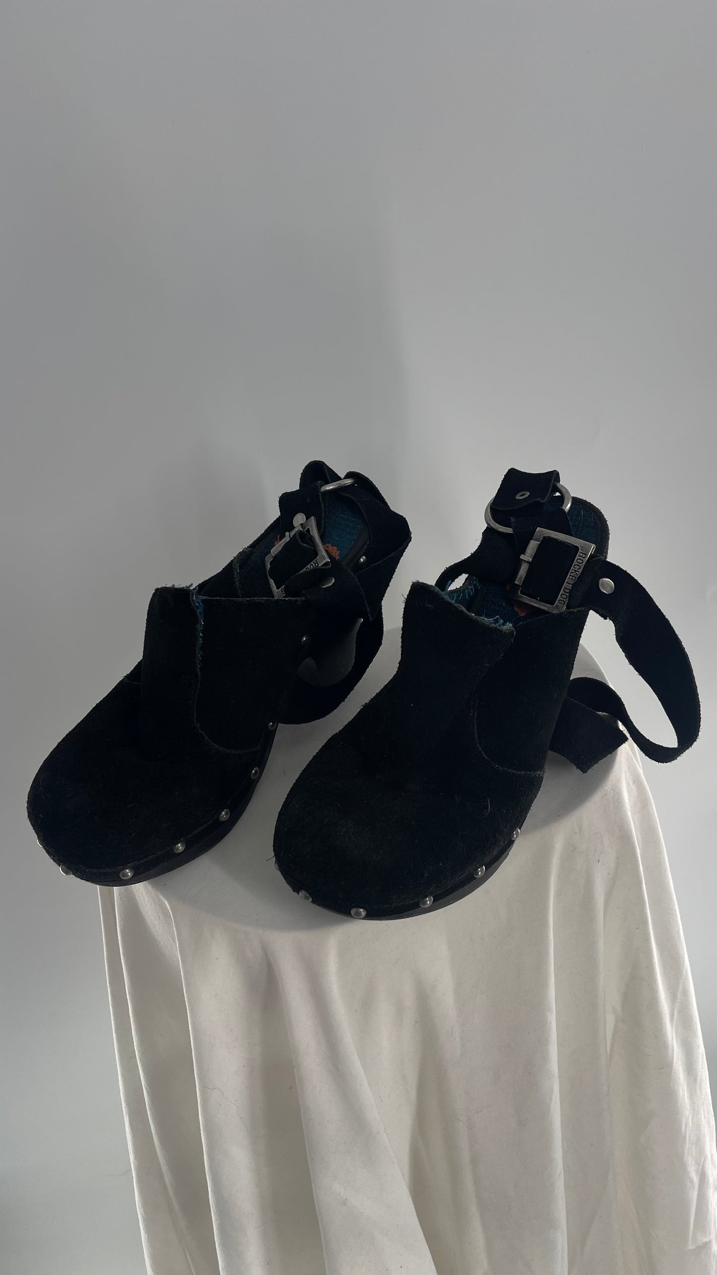 Vintage RocketDOG 1990s Black Suede Leather Studded Clog with Wrap Around Ankle Strap (8.5)