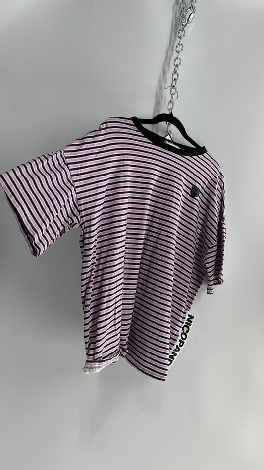 NICOPANDA Purple Black Striped Oversized Boxy T Shirt (Large)